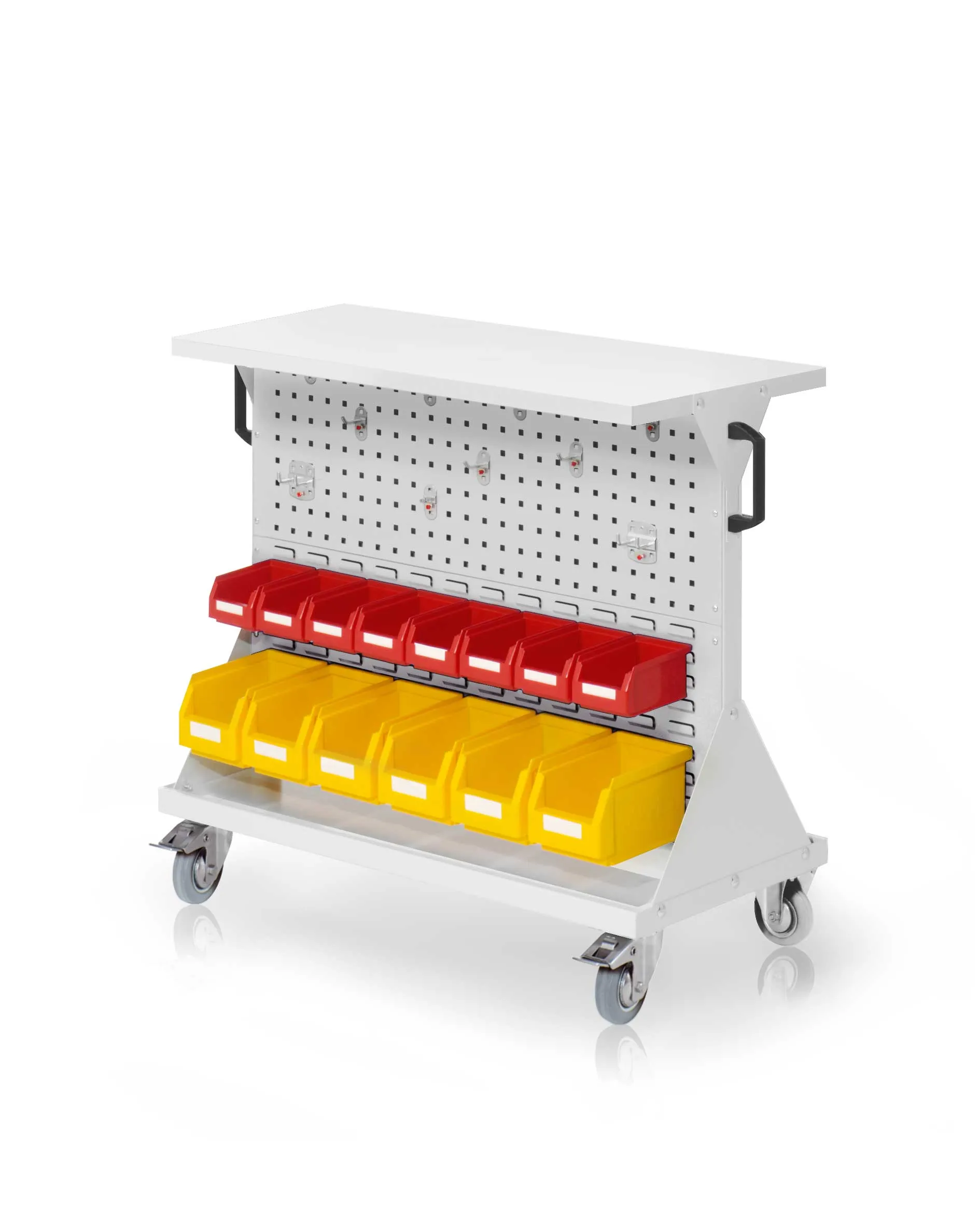 Das RasterMobil Gr. 2 von Kappes Systeme in RAL 7035 ist ein rollbares Materiallager mit Stahlboden, Werkzeughaltern und Lagersichtk?sten, ideal f?r flexible Werkstattorganisation.