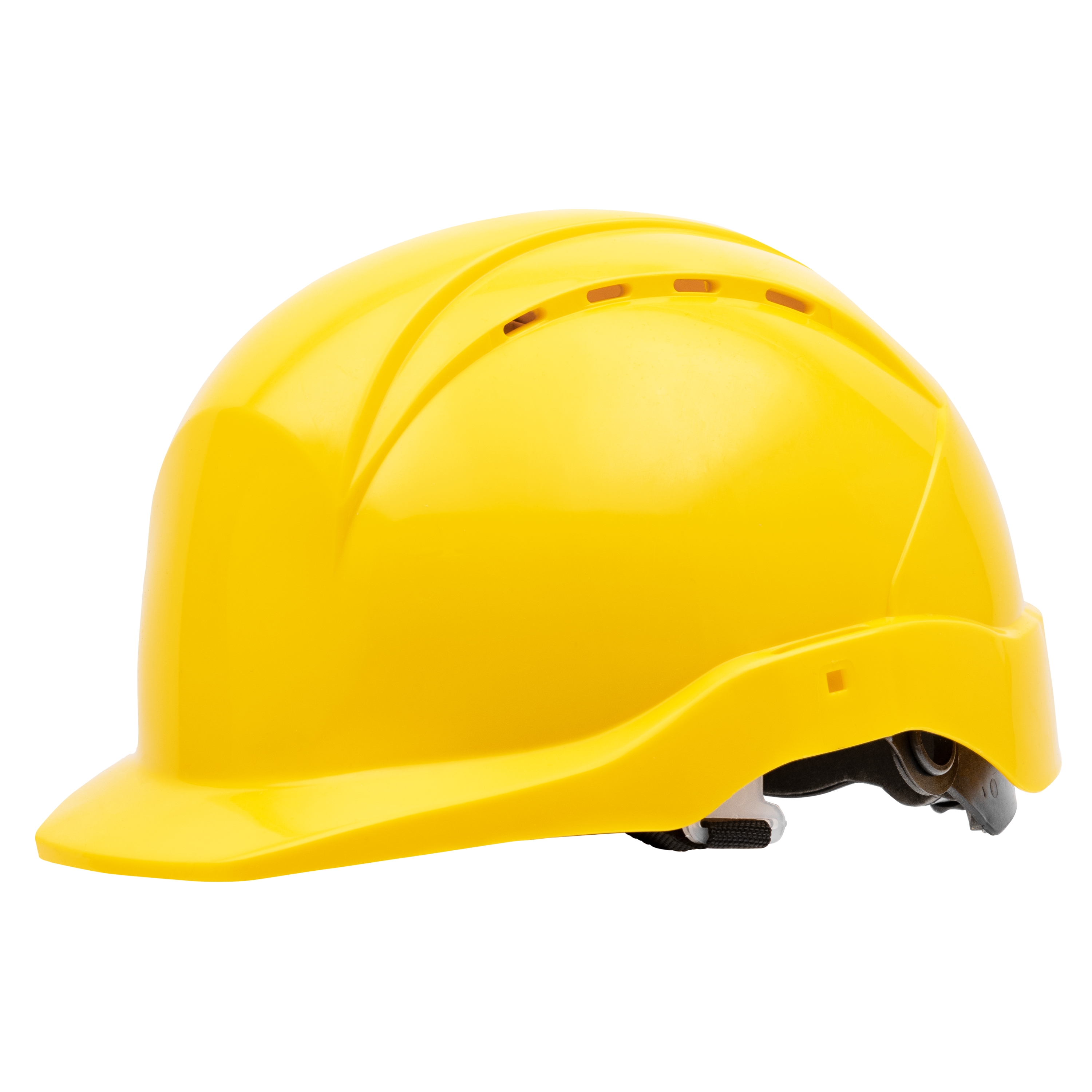 Der NITRAS HEAD PROTECT Industrieschutzhelm in leuchtendem Gelb bietet optimalen Schutz und Komfort mit verstellbarem Kinnriemen und Belüftungsschlitzen.