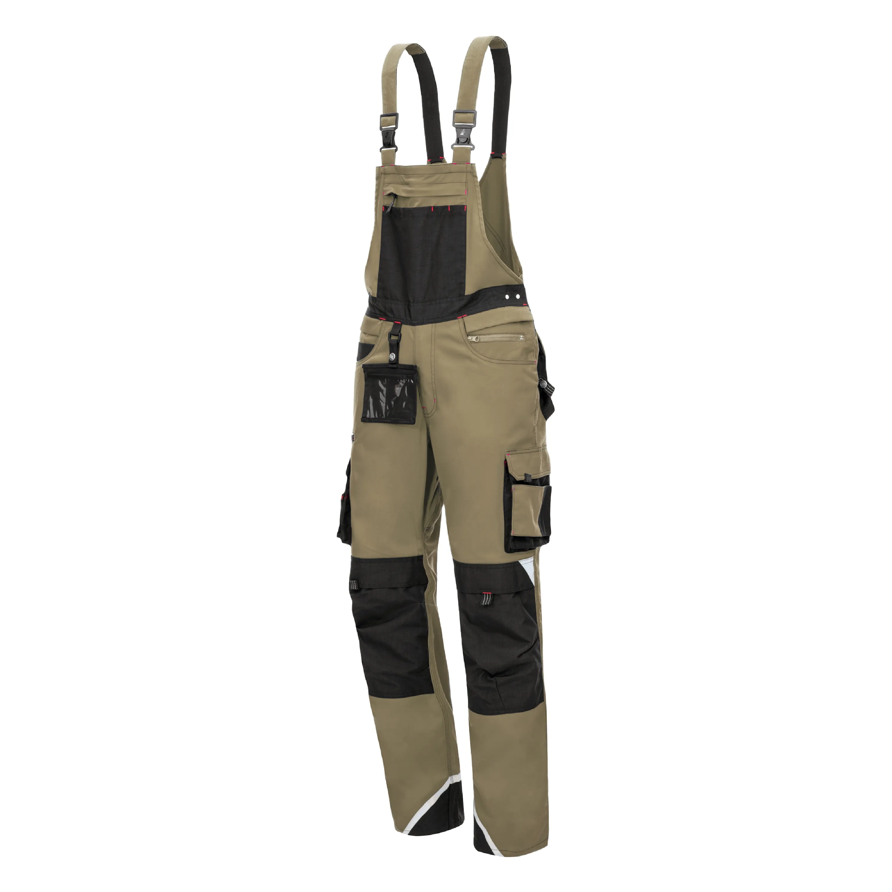Die NITRAS MOTION TEX PRO FX Latzhose in Khaki/Schwarz bietet hohen Tragekomfort, robuste CORDURA®-Verstärkungen und 3M Scotchlite™ für Sichtbarkeit.