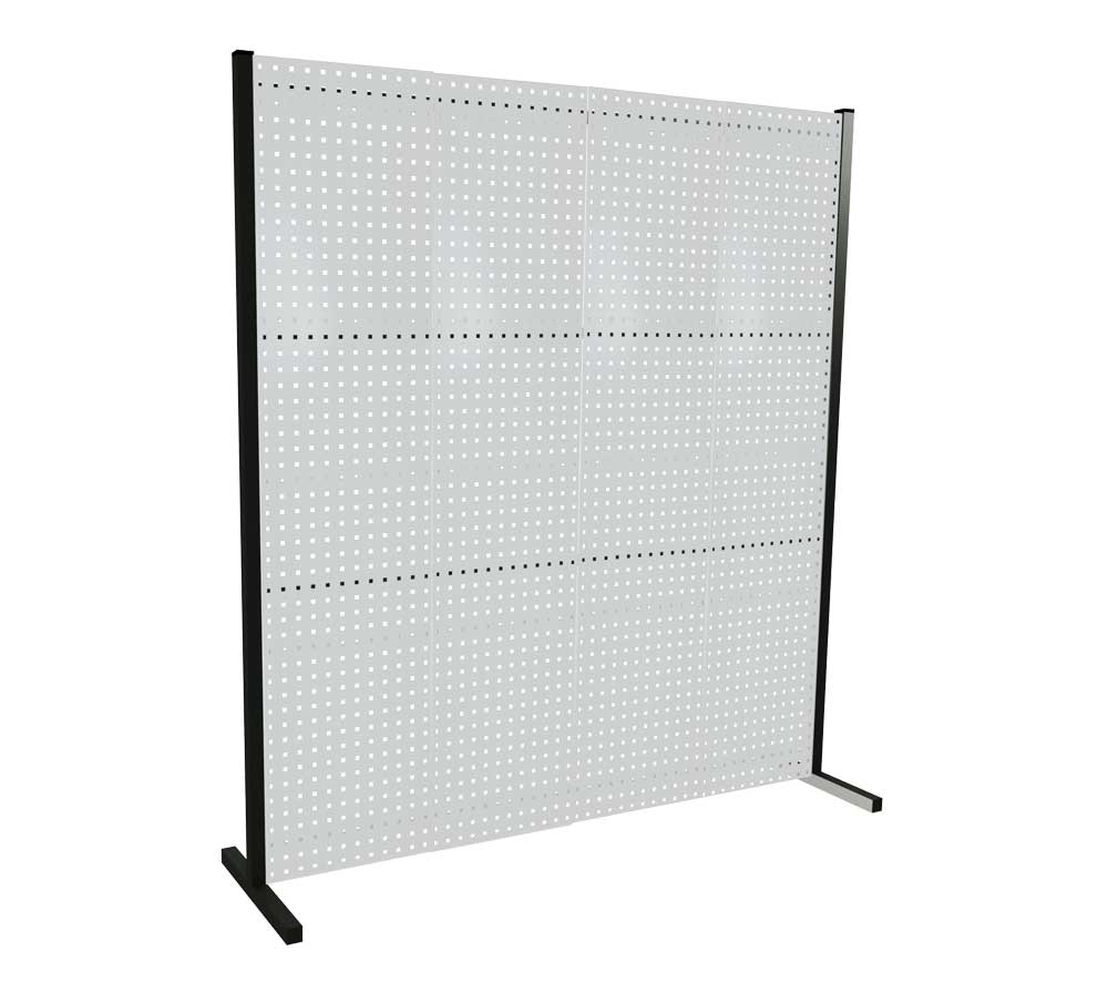 Das ®RasterPlan Trennwand Einzelfeld in RAL 7035, 2000x2000 mm, bietet flexible Raumteilung mit vier Lochplatten für individuelle industrielle Anwendungen.