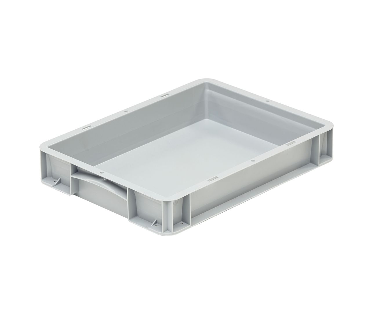 Die graue Lagerbox von Bekuplast, 400x300x70 mm, bietet 6,4 Liter Volumen, ist aus robustem PP-C gefertigt und ideal für vielseitige Aufbewahrungslösungen.