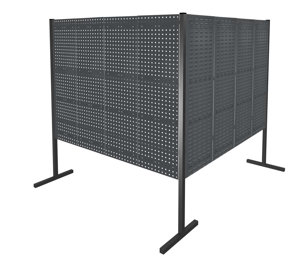 ®RasterPlan Trennwand Doppelfeld 90° 2000 / 2000 mm H1500 mm RAL 7016. Mit 4 ®RasterPlan Lochplatten 4 ®RasterPlan Schlitzplatten.
