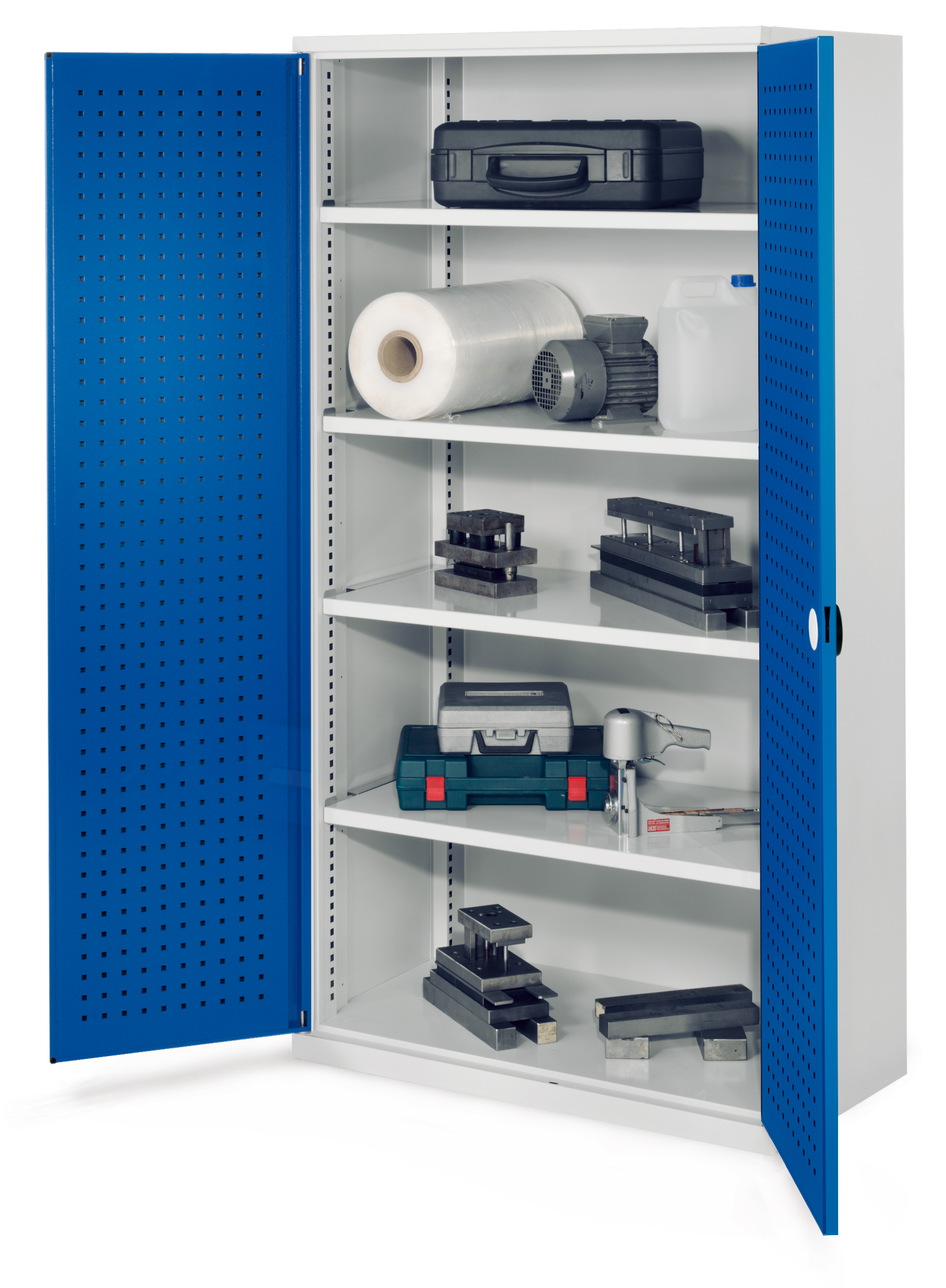 Schwerlastschrank von Kappes Systeme: Robuste Stahlkonstruktion, 1950x1000x600 mm, lichtgrau/blau, 1,65 Tonnen Tragkraft, flexible Lagerung mit Lochplatten und Fachböden.