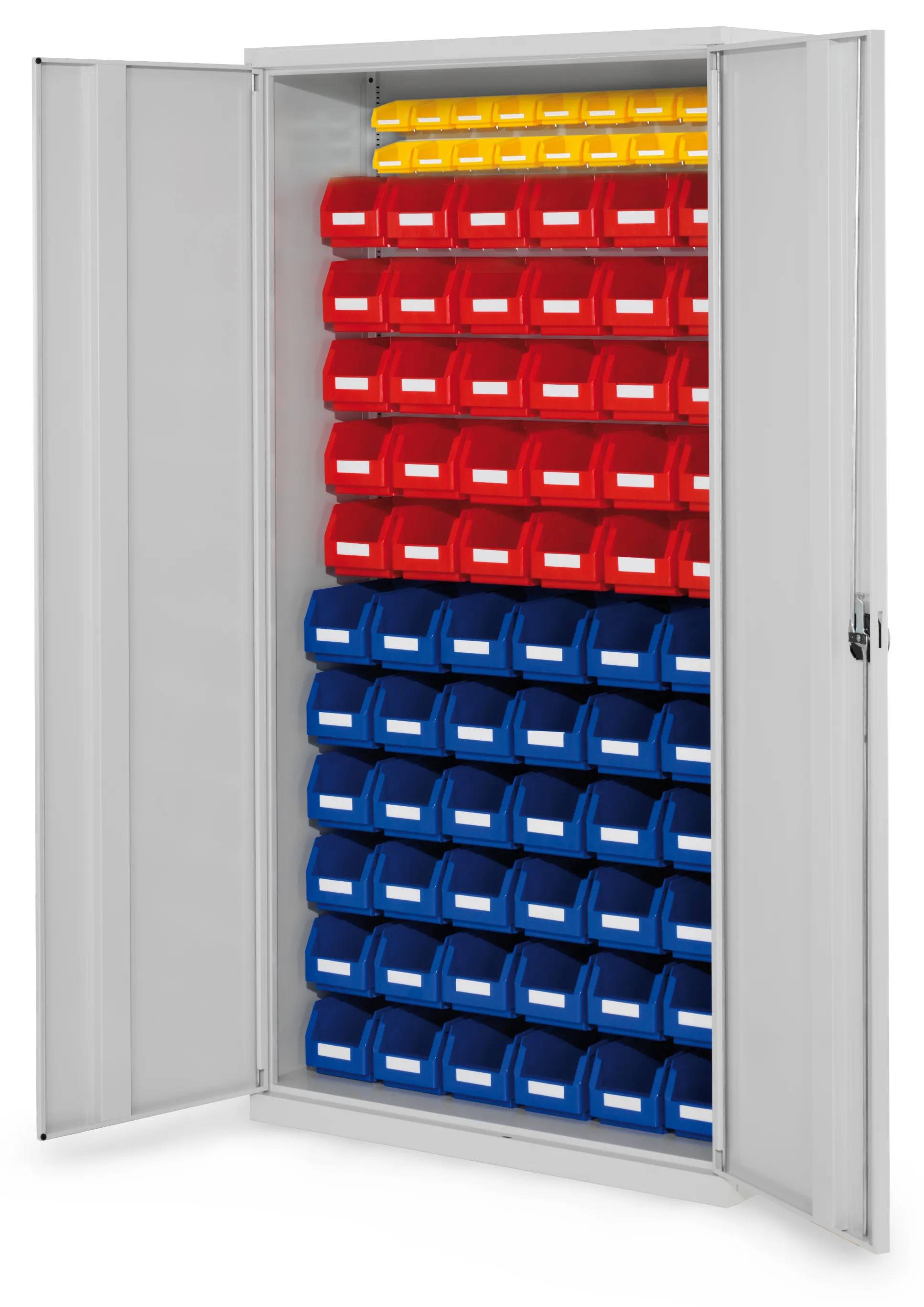 Der RasterPlan Schlitzplattenschrank von Kappes Systeme, Modell 58, bietet mit 82 Lagersichtk?sten und verst?rkten T?ren eine effiziente und sichere Lagerl?sung.