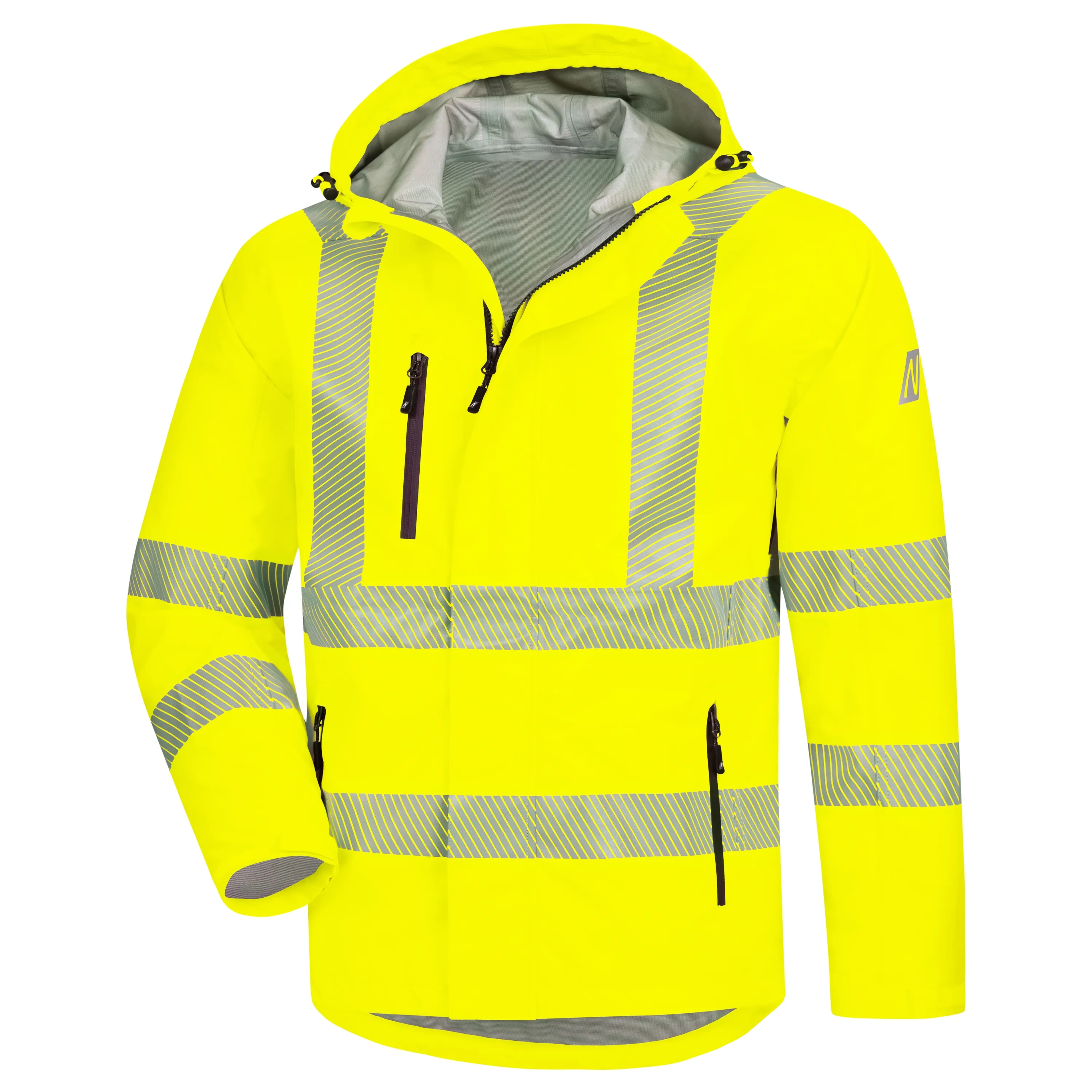 Die neongelbe NITRAS MOTION TEX VIZ PLUS Regenjacke bietet optimalen Schutz und Komfort mit wasserdichten N?hten, Reflexstreifen und verstellbarer Kapuze.