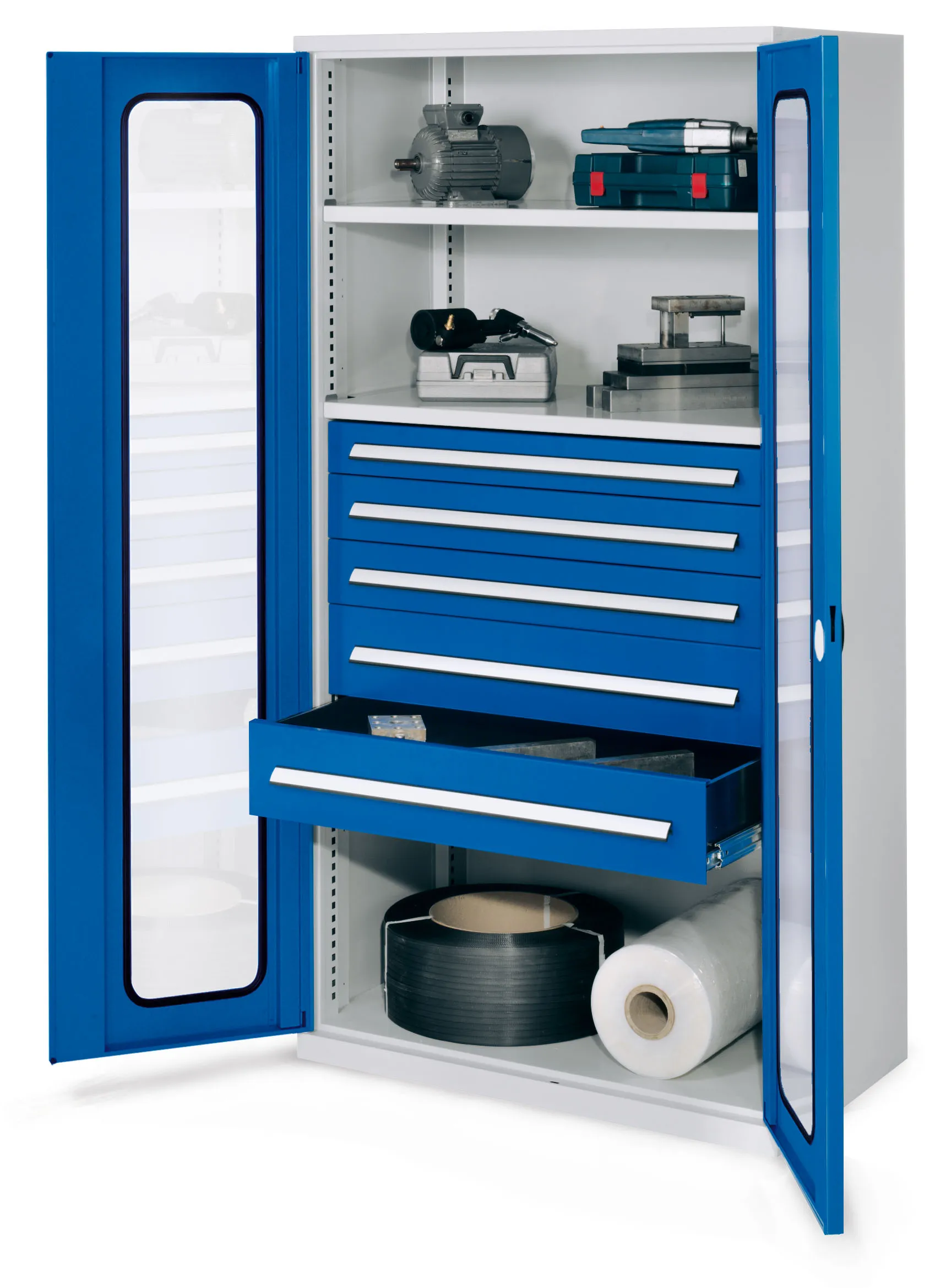 Schwerlastschrank Mod 44 von Kappes Systeme: Robuste, lichtgraue Stahlkonstruktion mit 1,65 t Tragkraft, verstellbaren Fachb?den und sicherem Zylinderschloss.