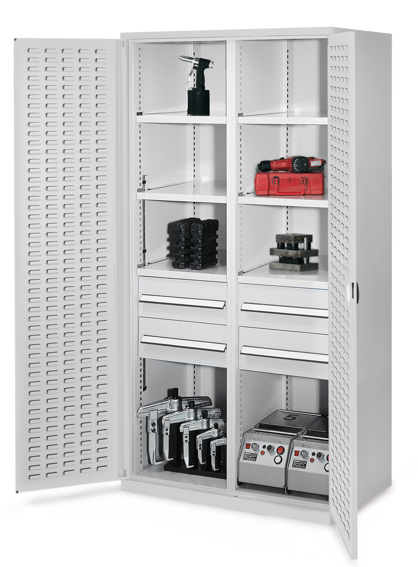 Schwerlastschrank mit Mitteltrennwand 1950 x 1000 x 600 mm Mod 52 RAL 7035. Türinnenseite: ®RasterPlan Schlitzplatten 4 Schubladen H 175 mm 3 Fachboden links verzinkt 3 Fachboden rechts verzinkt.