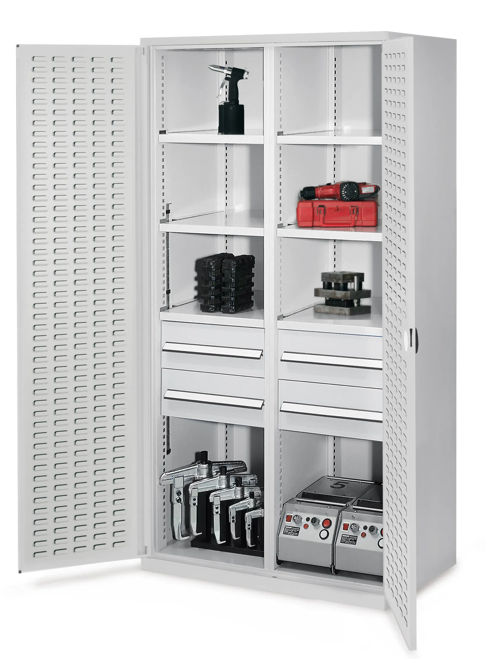 Schwerlastschrank von Kappes Systeme GmbH, Modell 52, lichtgrau, 1950x1000x600 mm, mit Mitteltrennwand, 4 Schubladen, 6 Fachb?den, bis 1,65 t belastbar.