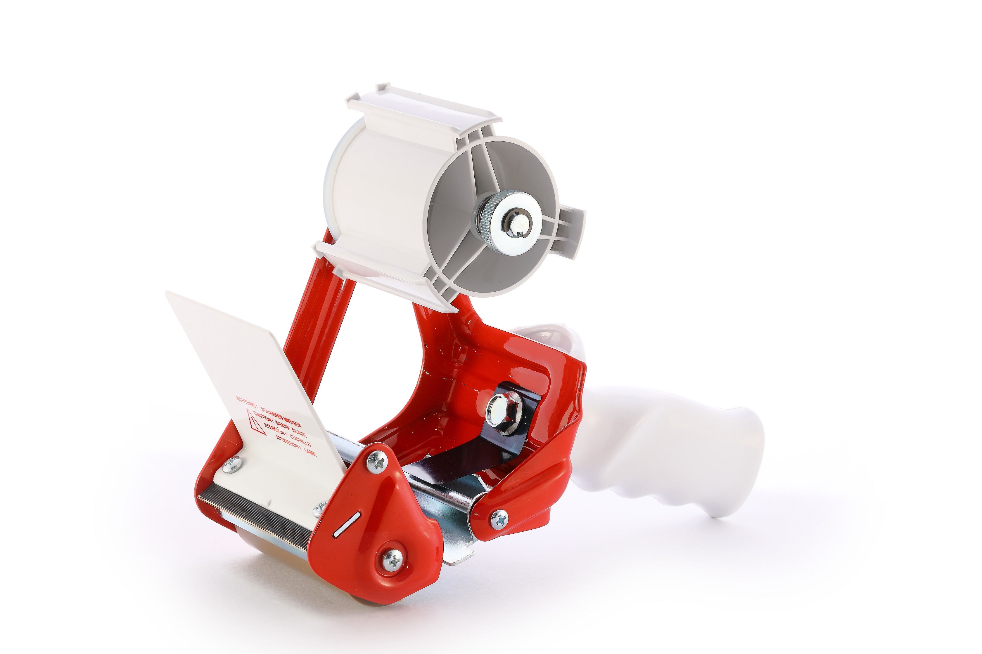 Professioneller Handabroller für Filament-Klebebänder Rot mit Abrollbremse, 75mm Bandbreite, 175mm Außendurchmesser