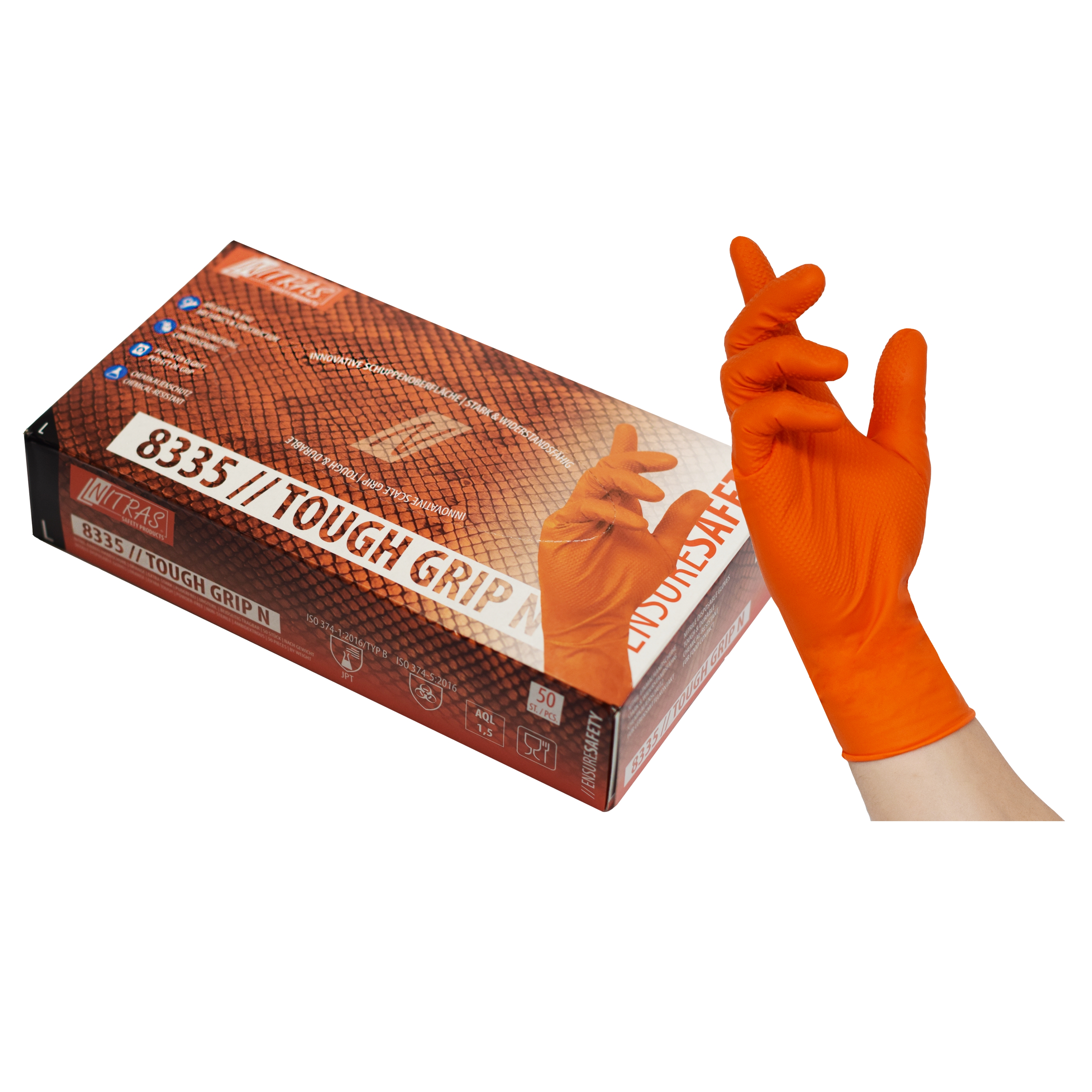 NITRAS TOUGH GRIP N, Nitril-Einmalhandschuhe, orange, EN ISO 374, Box à 50 Stück NITRAS TOUGH GRIP N, Nitril-Einmalhandschuhe, orange, EN ISO 374, Box à 50 Stück