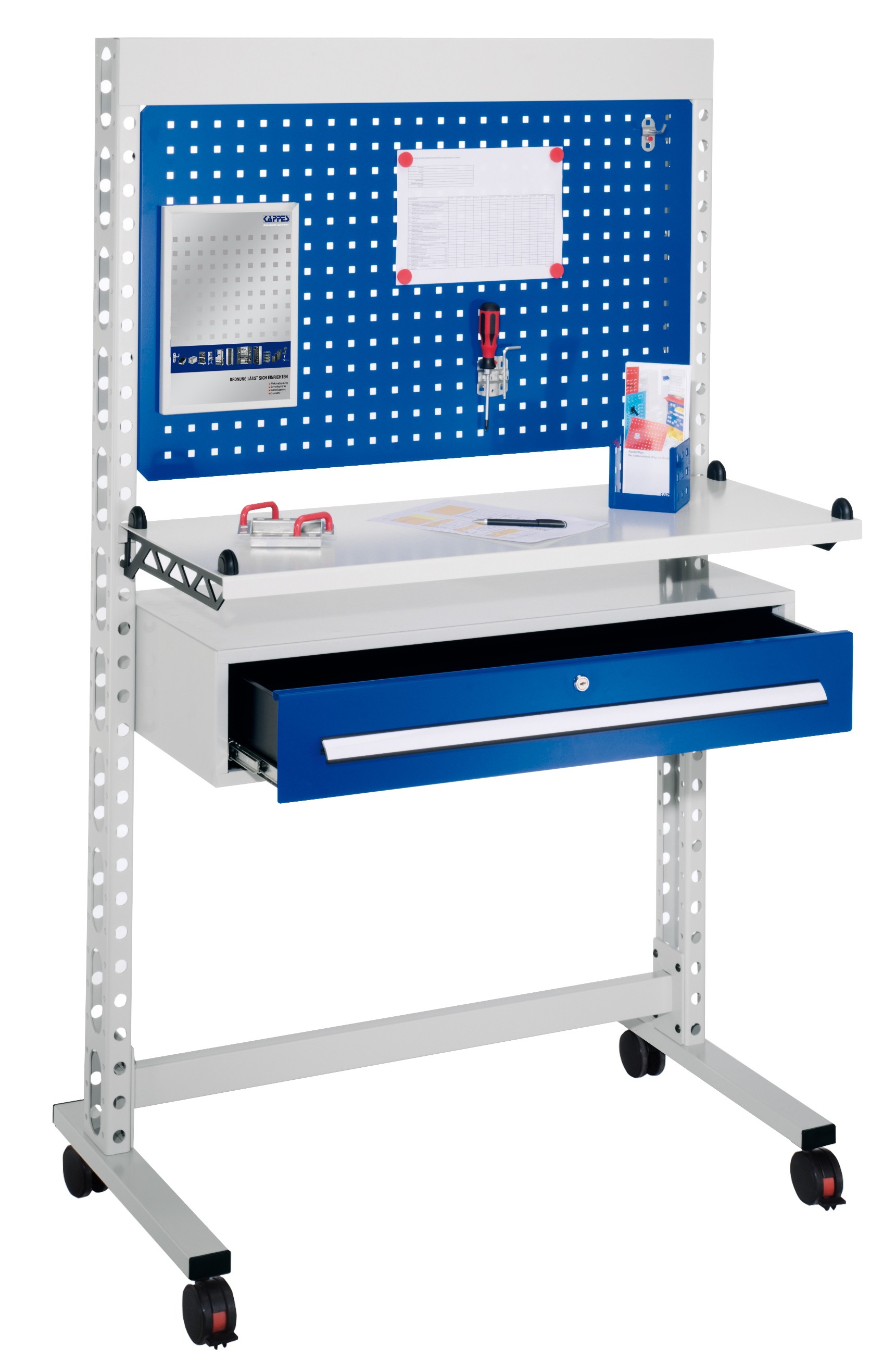 ErgoPlus Steharbeitsplatz RAL 7035 /5010 H1770 x B 1070 mm. ausgestattet mit 1 Schublade 200 x B 970 x T 400 mm inkl. Bestückung mit 4 Lenkrollen davon 2 mit Feststeller.