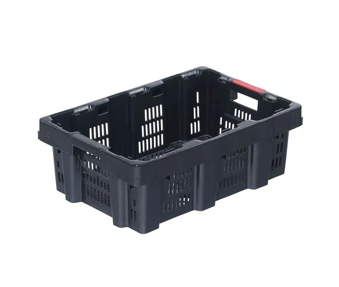 Der graue Drehstapelbehälter von Bekuplast (600x400x210 mm) aus HDPE bietet durchbrochene Seiten für Belüftung und offene Griffe für einfachen Transport.