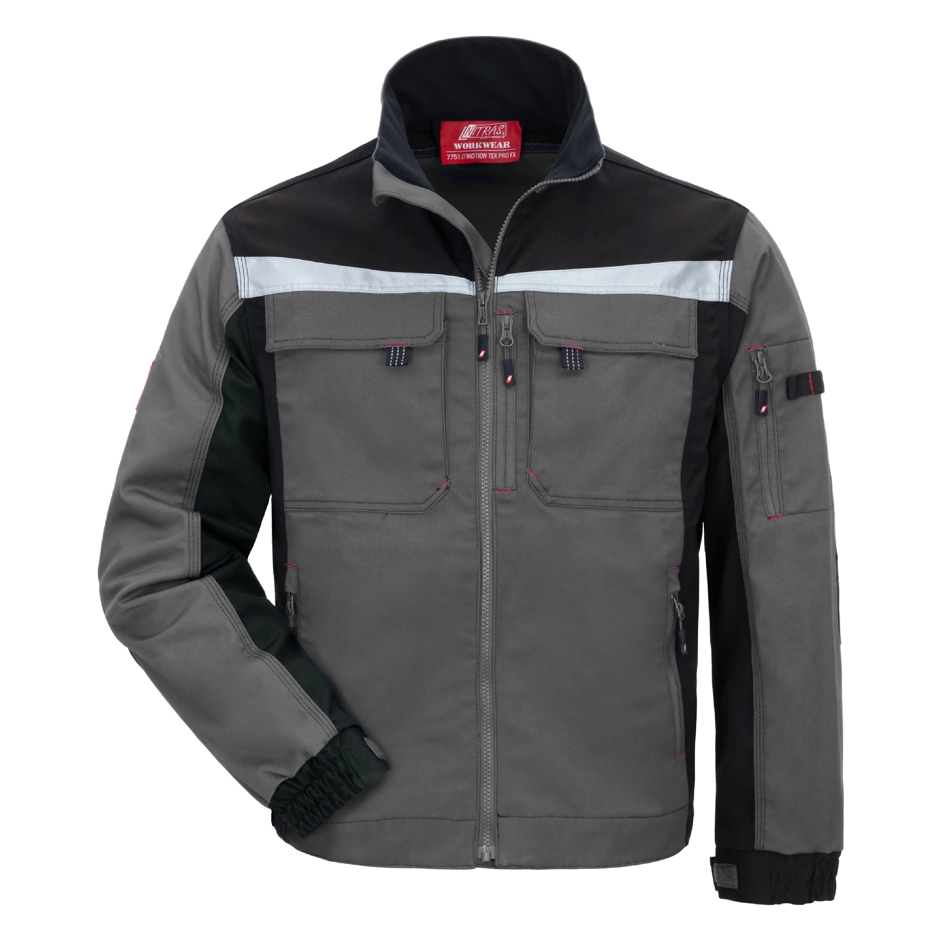Die NITRAS MOTION TEX PRO FX Arbeitsjacke in Grau/Schwarz bietet Komfort durch atmungsaktives Material, 2-Wege-Stretch und verstellbare ?rmel. Robust und sichtbar.