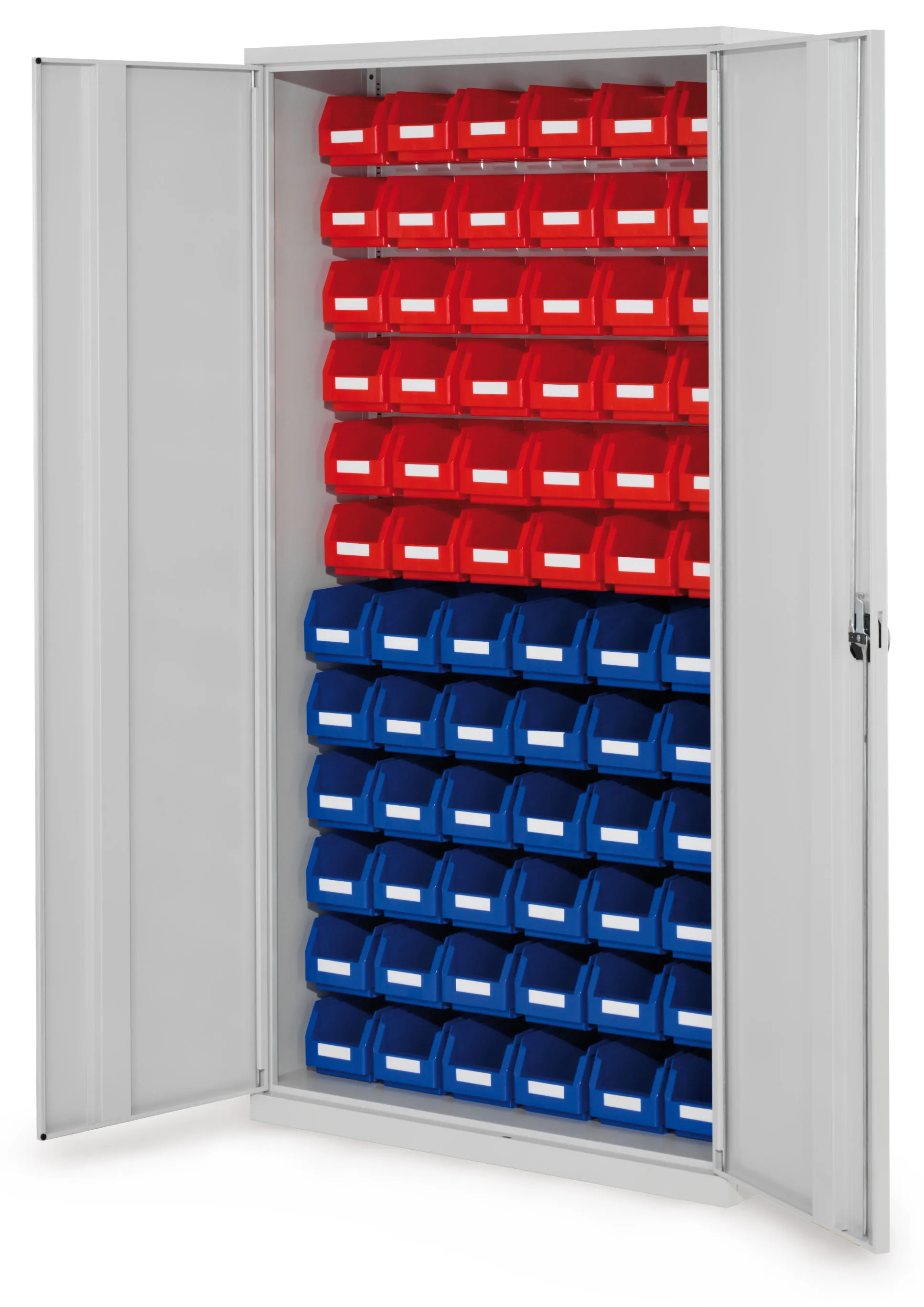 Der lichtgraue ?RasterPlan Schlitzplattenschrank von Kappes Systeme bietet robuste Lagerungsl?sungen mit Vollblecht?ren und flexiblen Lagersichtk?sten.