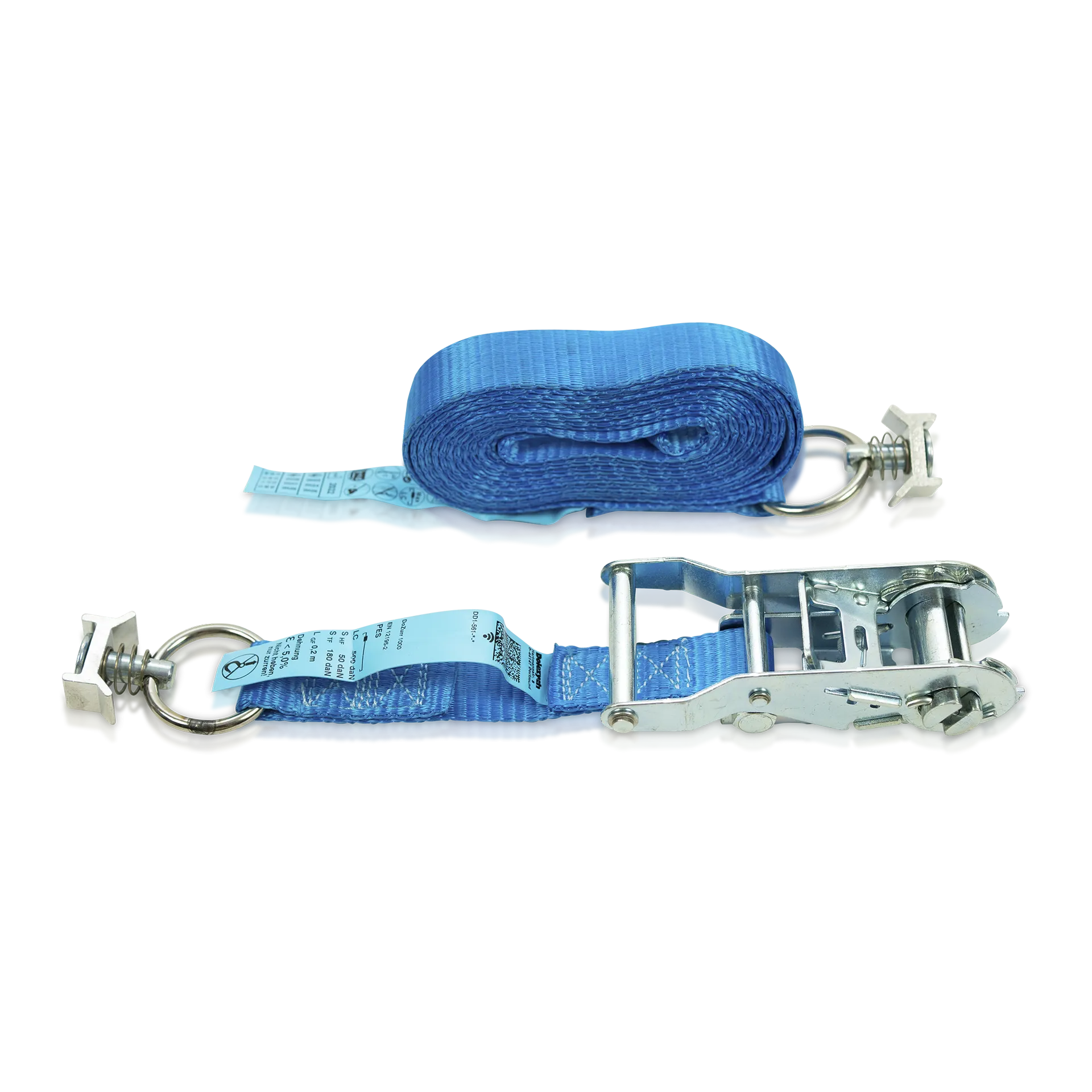 Produktbild des DoZurr 1000: Zwei-teiliger Zurrgurt von Dolezych, 25 mm breit, 3.500 mm lang, mit Druckratsche und Single-Stud Fitting f?r sichere Ladungssicherung.
