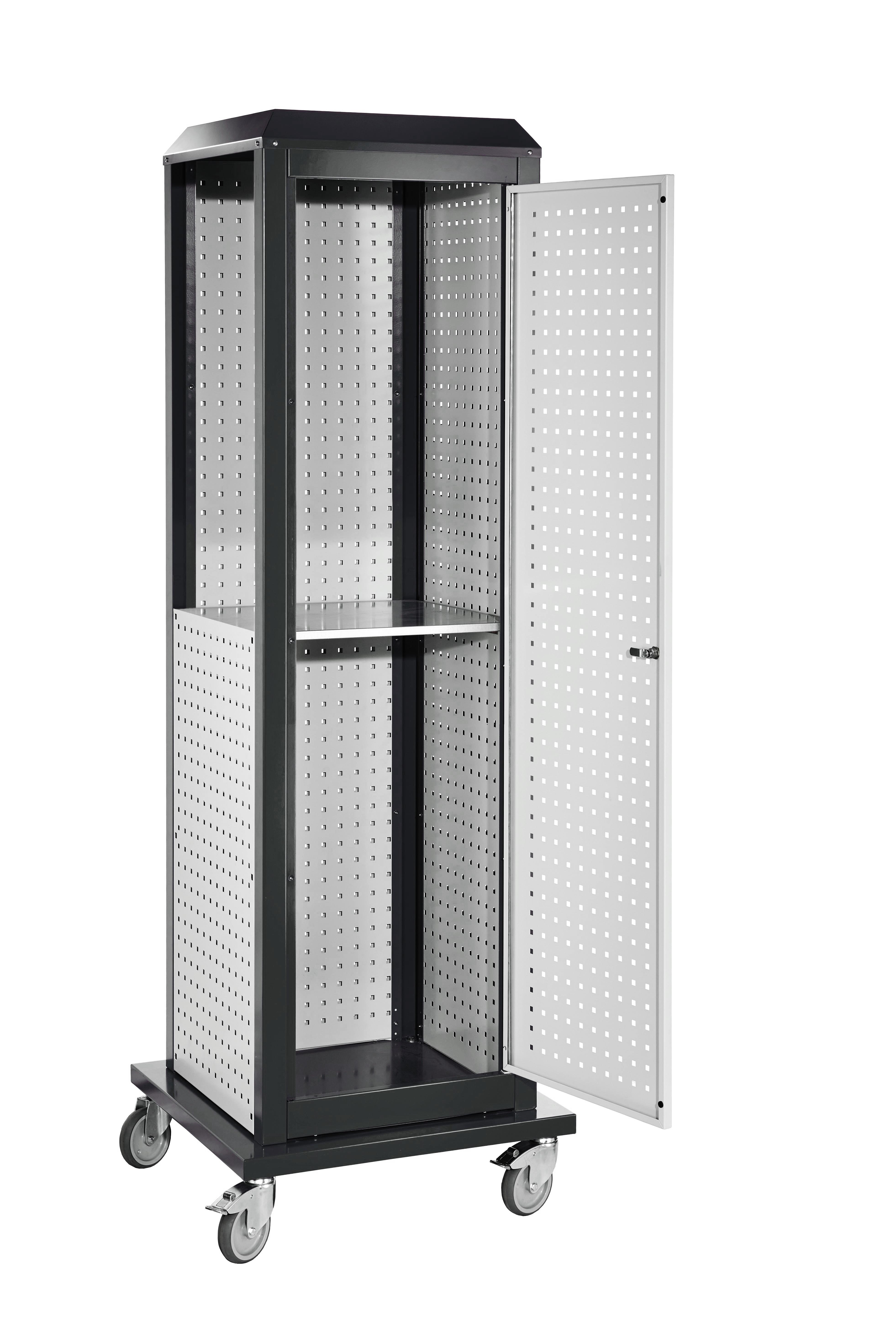 Der RasterPlan ToolTower groß Modell 3 von Kappes Systeme GmbH ist ein mobiler, robuster Werkzeug-Organizer mit anpassbaren Lochplatten und sicherem Stauraum.