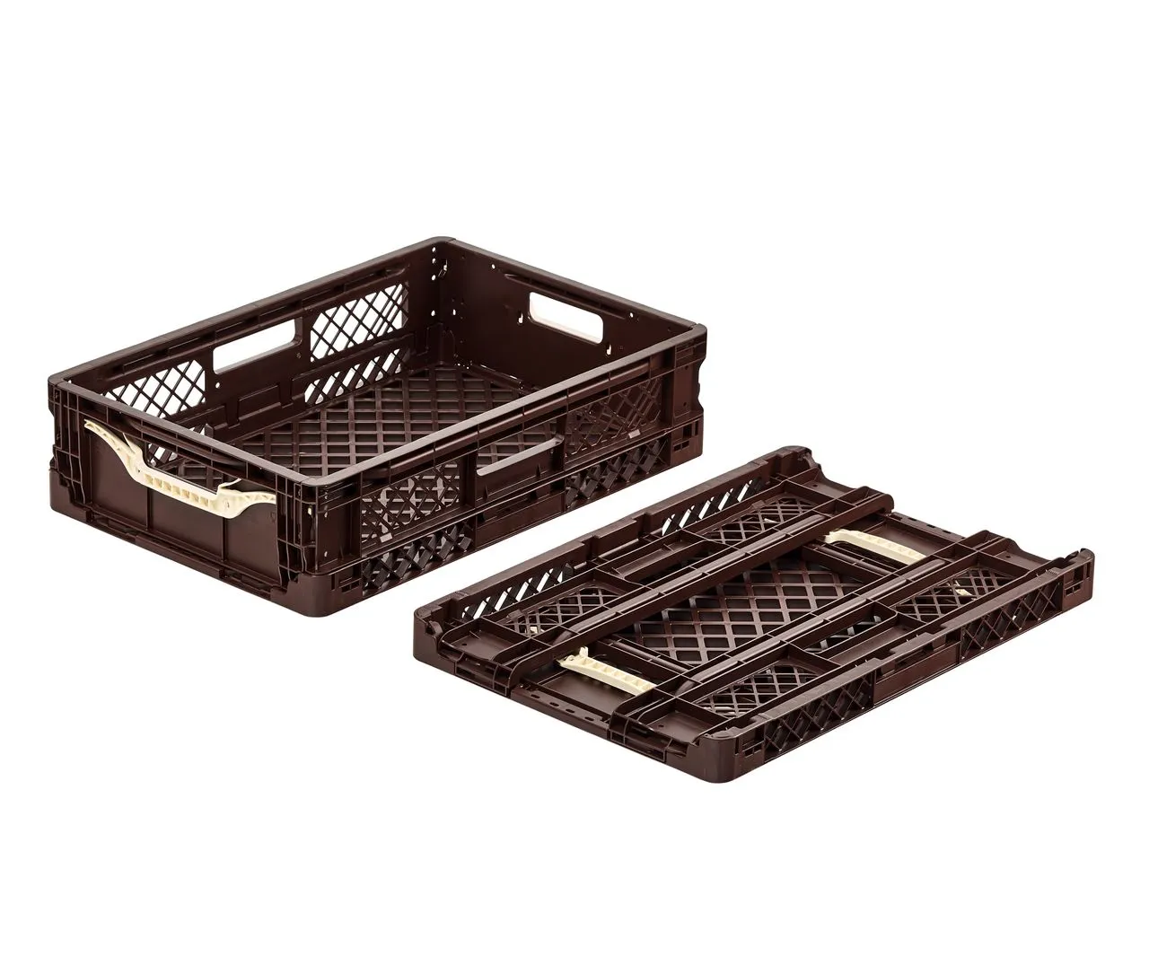 Klappbarer Bekuplast-Transportkorb für Brot, 600x400x154 mm, aus PP-C. Bietet 26L Volumen, 70% Volumenreduktion, stapelbar, lebensmittelecht und recycelbar.