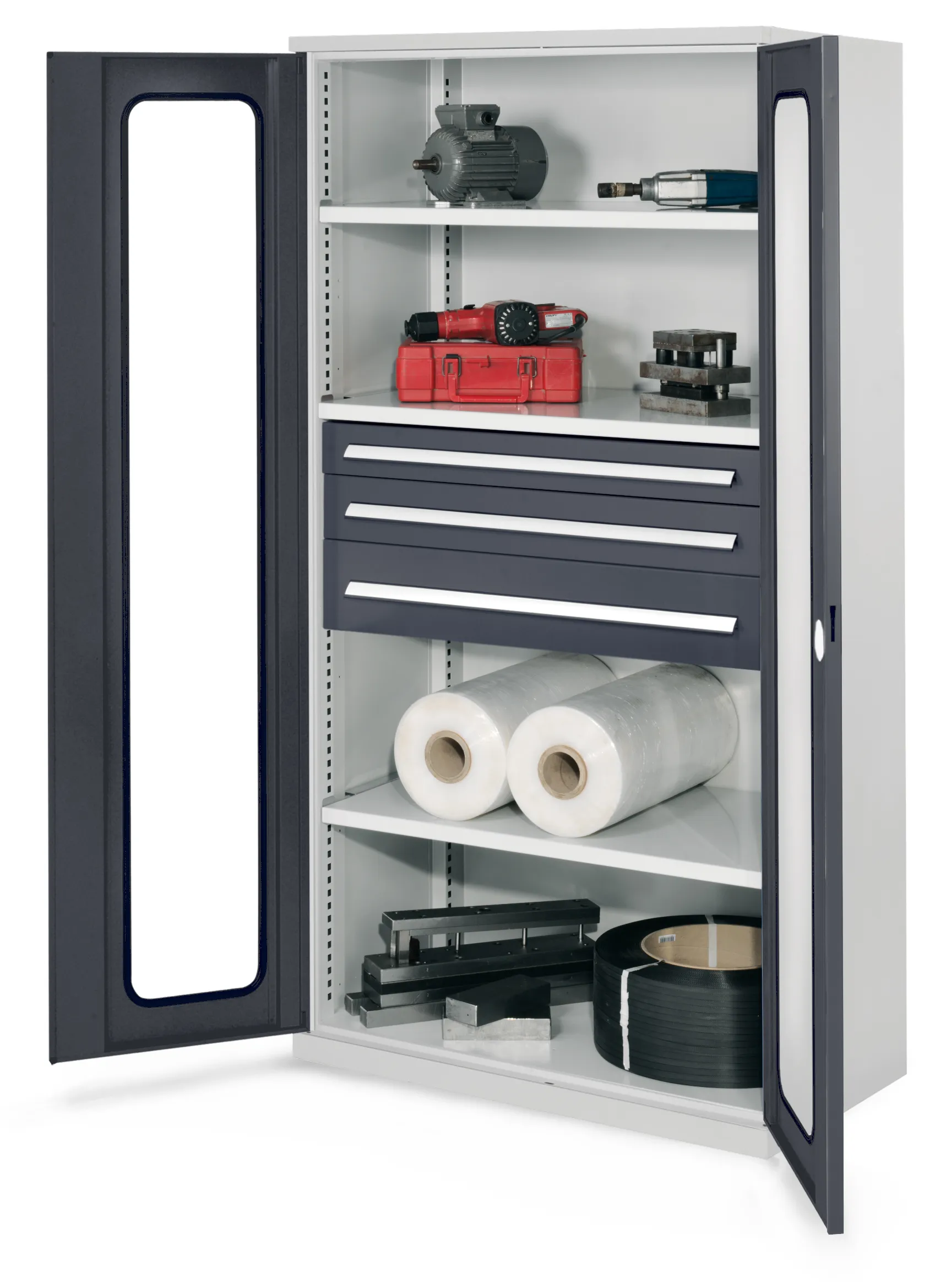 Der robuste Schwerlastschrank Modell 46 von Kappes Systeme GmbH, lichtgrau, bietet mit Sichtfenstertüren und hoher Belastbarkeit eine ideale Lösung für Industriebedarf.