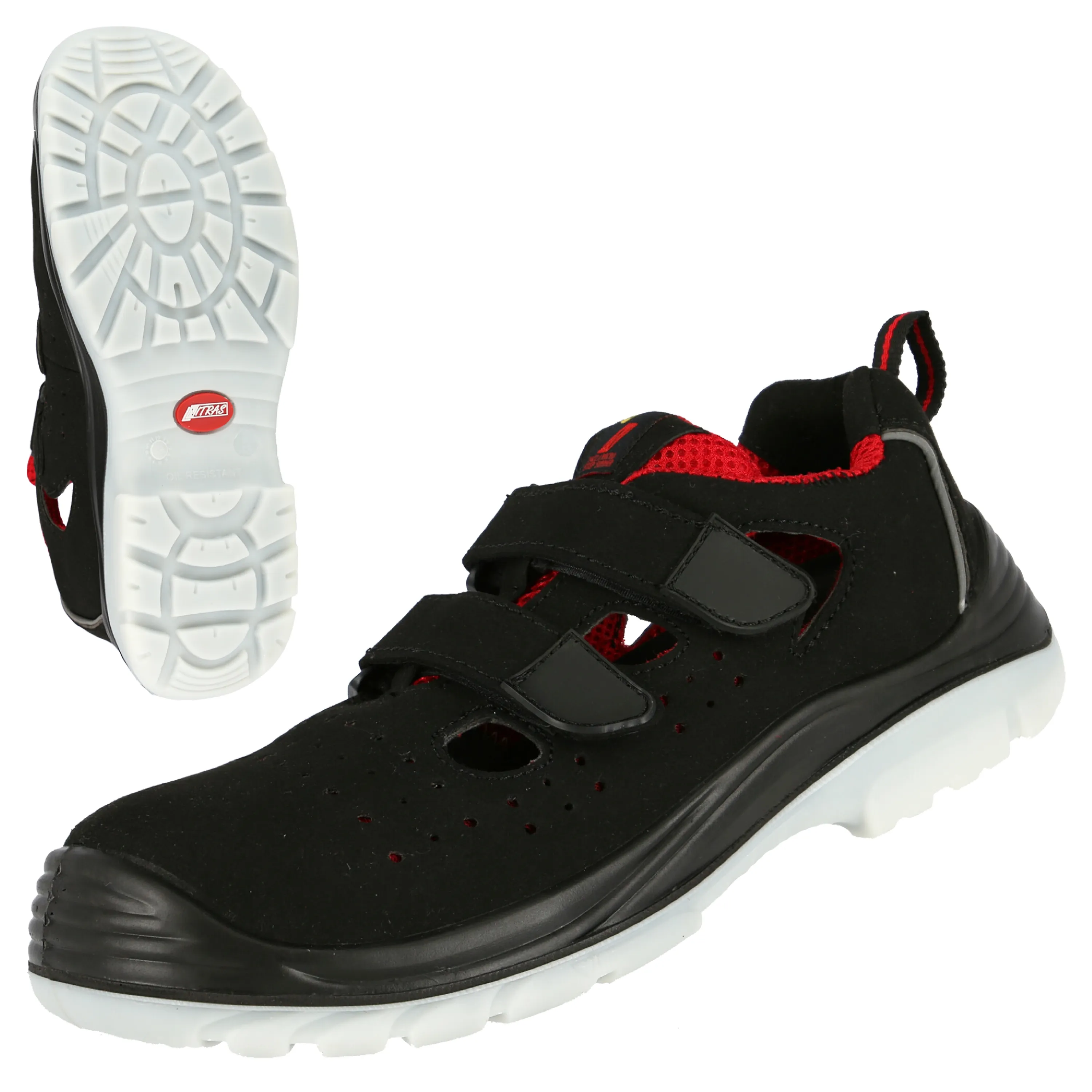 Die NITRAS MICRO STEP SA Sicherheitssandalen in Schwarz bieten dank Mikrofaser, Fiberglas-Zehenkappe und rutschfester Sohle optimalen Schutz und Komfort.