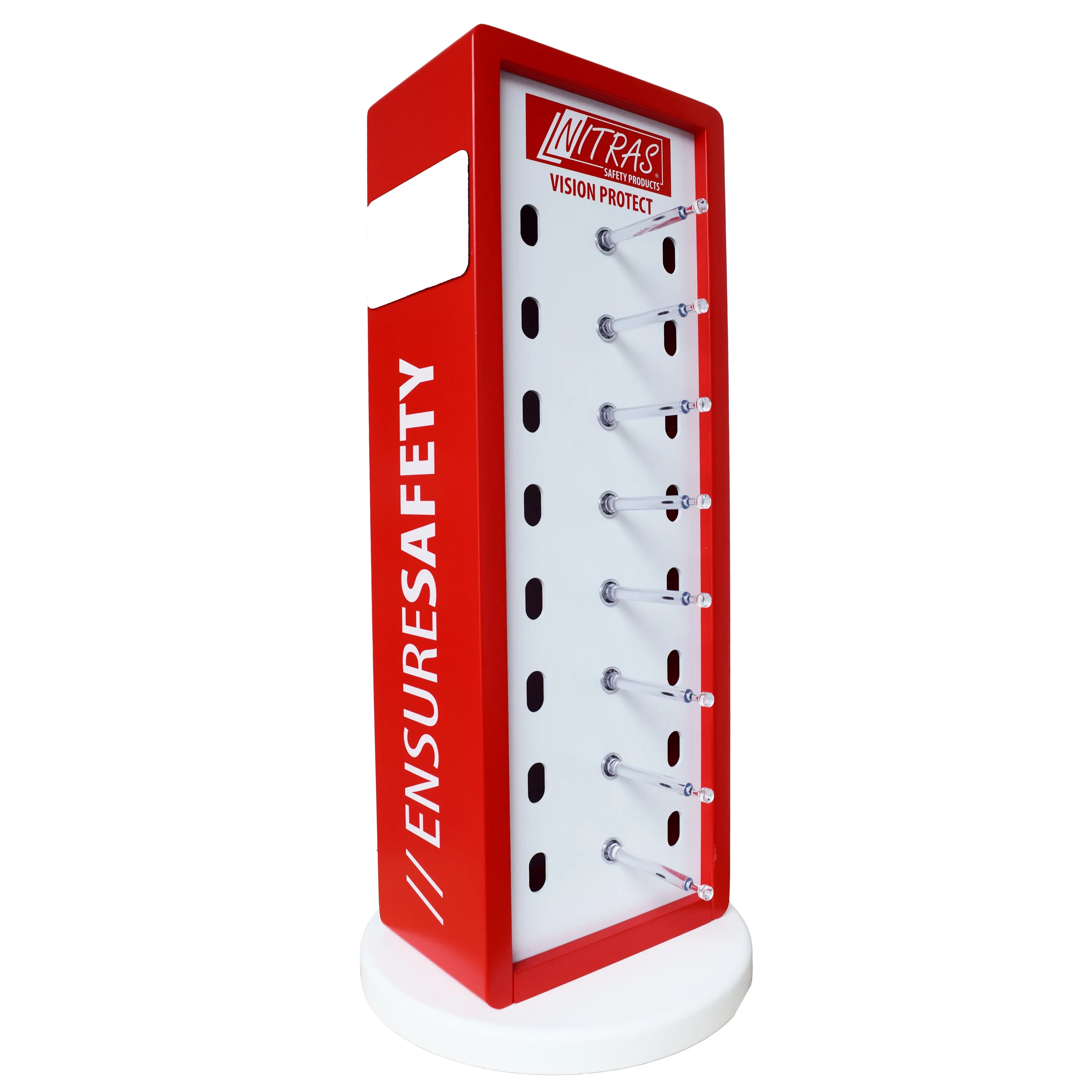 NITRAS Thekendisplay: Stilvolles rot-wei?es Design aus Holz, Metall und Kunststoff. Platz f?r 16 Schutzbrillen, drehbar mit Spiegeln, 67 cm hoch.