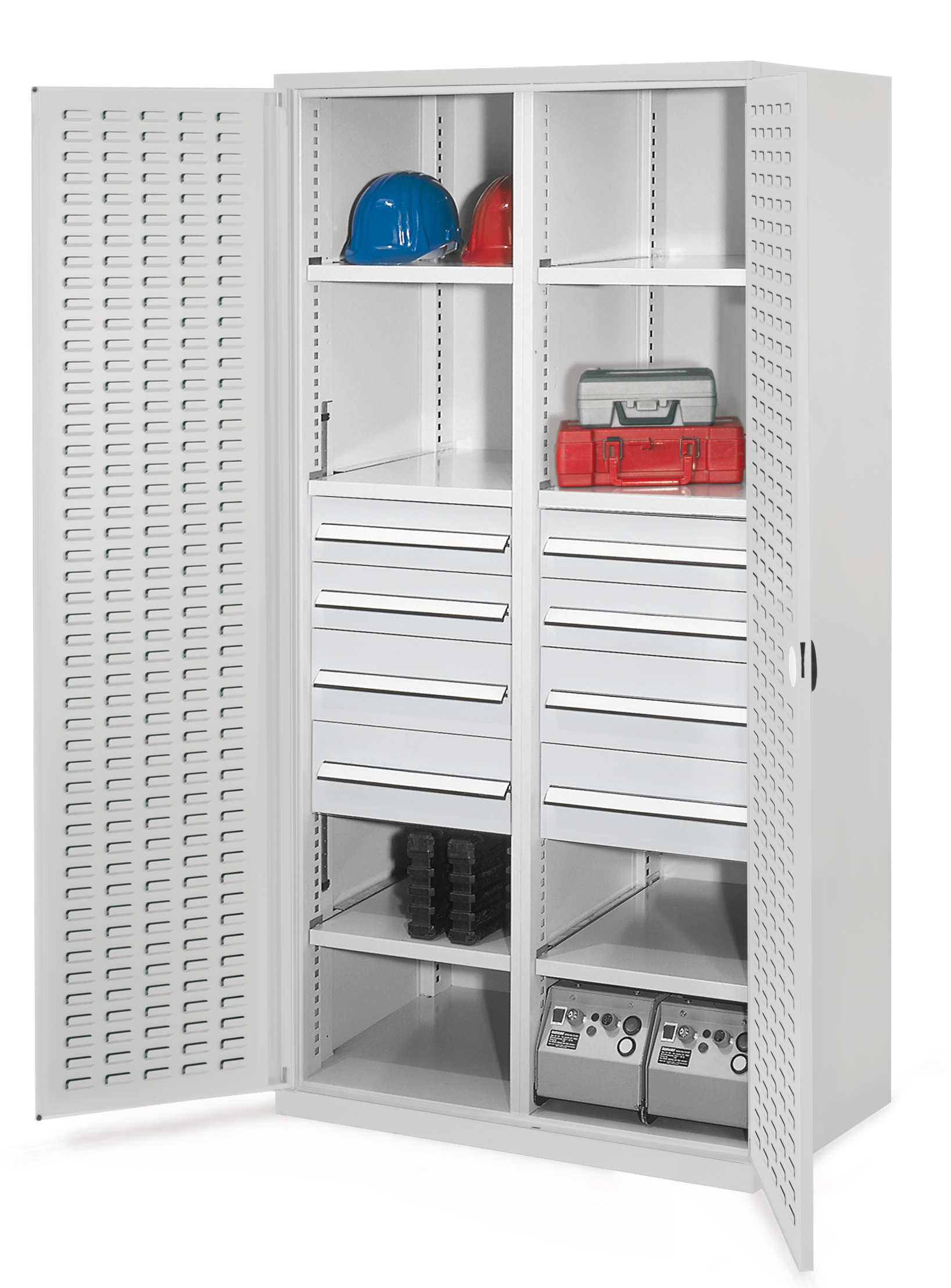 Der Schwerlastschrank Modell 54 von Kappes Systeme bietet mit seiner robusten Stahlkonstruktion und flexiblen Lagerlösungen ideale Aufbewahrung für Industriebedarf.