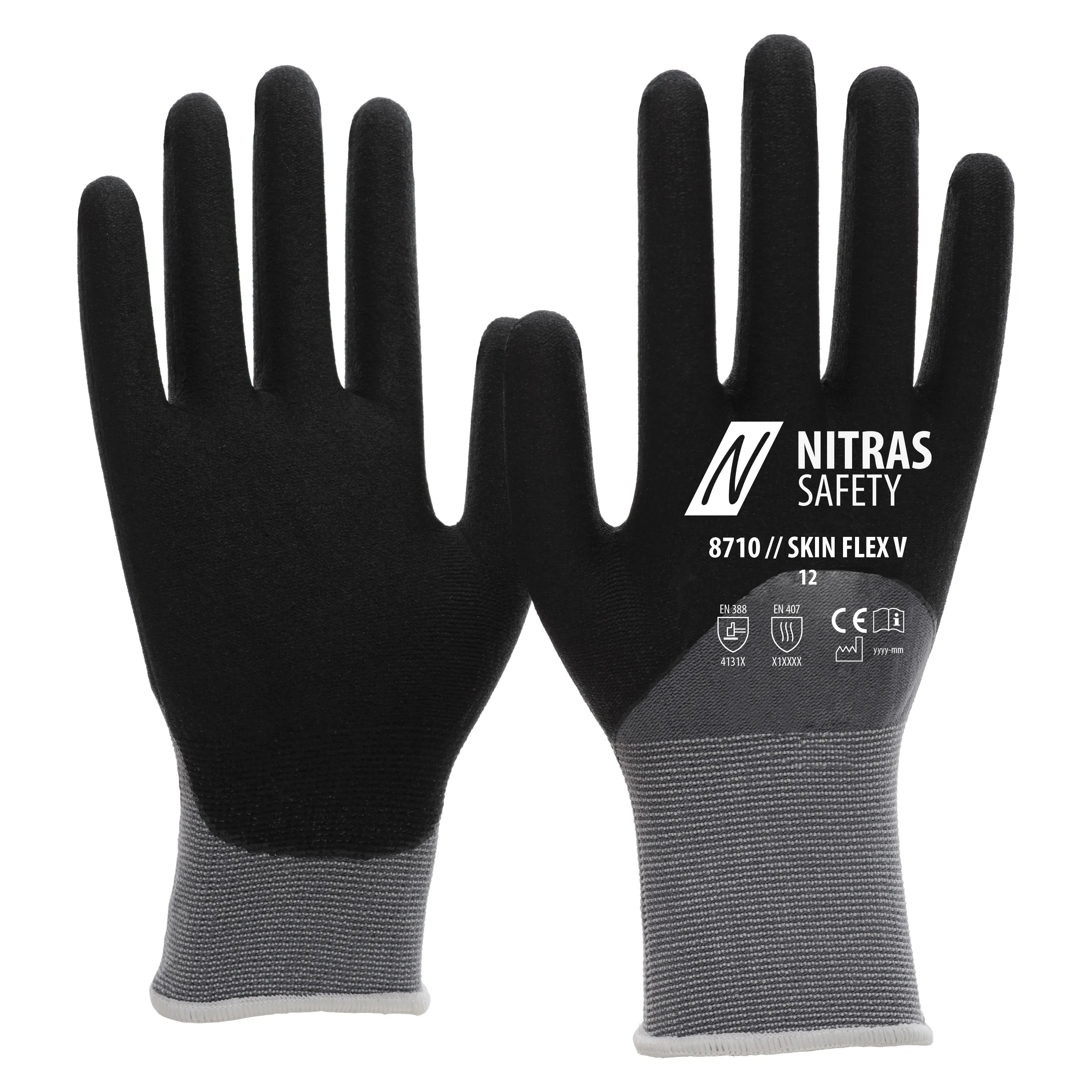 NITRAS SKIN FLEX V Strickhandschuhe bieten rutschfesten Schutz und Komfort mit grauem Stretch-Strick und schwarzer Beschichtung, ideal f?r diverse Industrien.