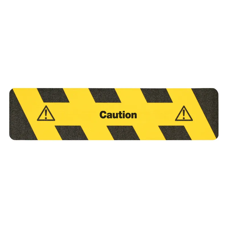 Produktbild: Schwarz-gelber Antirutschbelag mit "Caution"-Text von Mehlhose, bietet R13 Rutschhemmung, langlebig, vielseitig, selbstklebend, 150x610mm.
