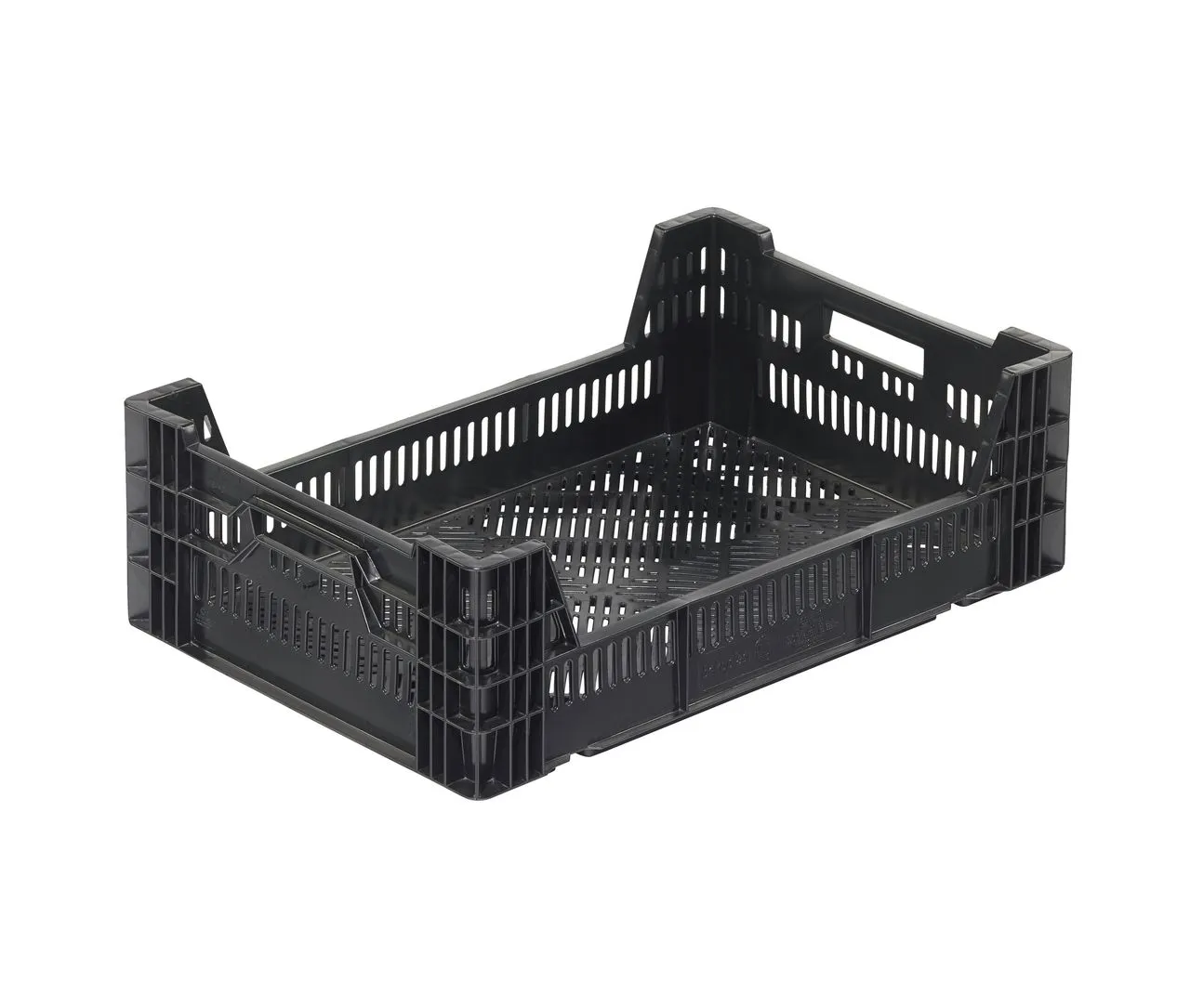 Schwarzer, durchbrochener Bekuplast-Behälter (600x400x190 mm) aus HDPE, ideal für Lagerung und Transport. Leicht, robust, 18L Volumen, offene Griffe.