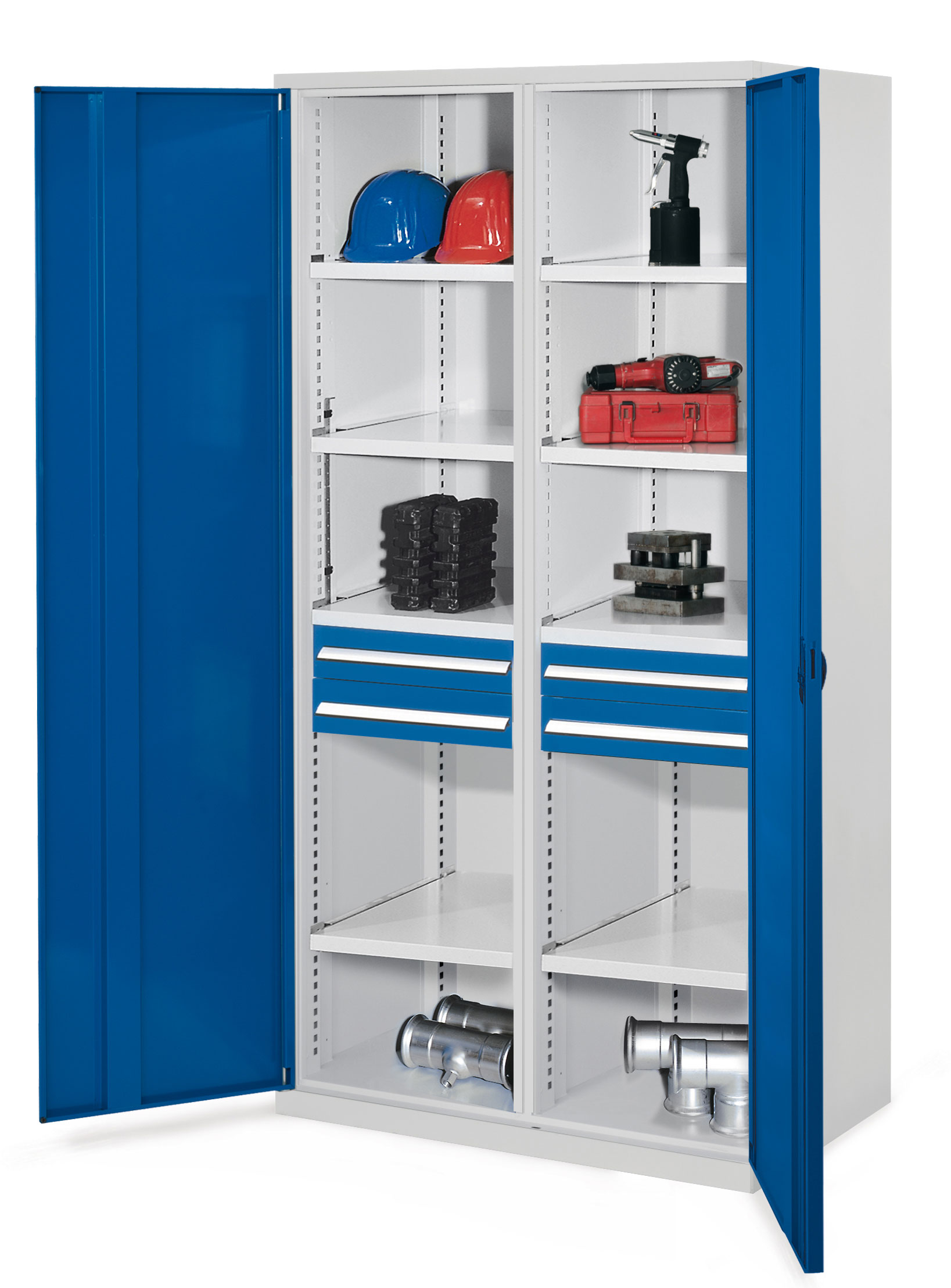 Schwerlastschrank von Kappes Systeme: Robuste Stahlkonstruktion mit Vollblechtüren, zwei Schubladen und acht Fachböden, ideal für Industrieanwendungen.
