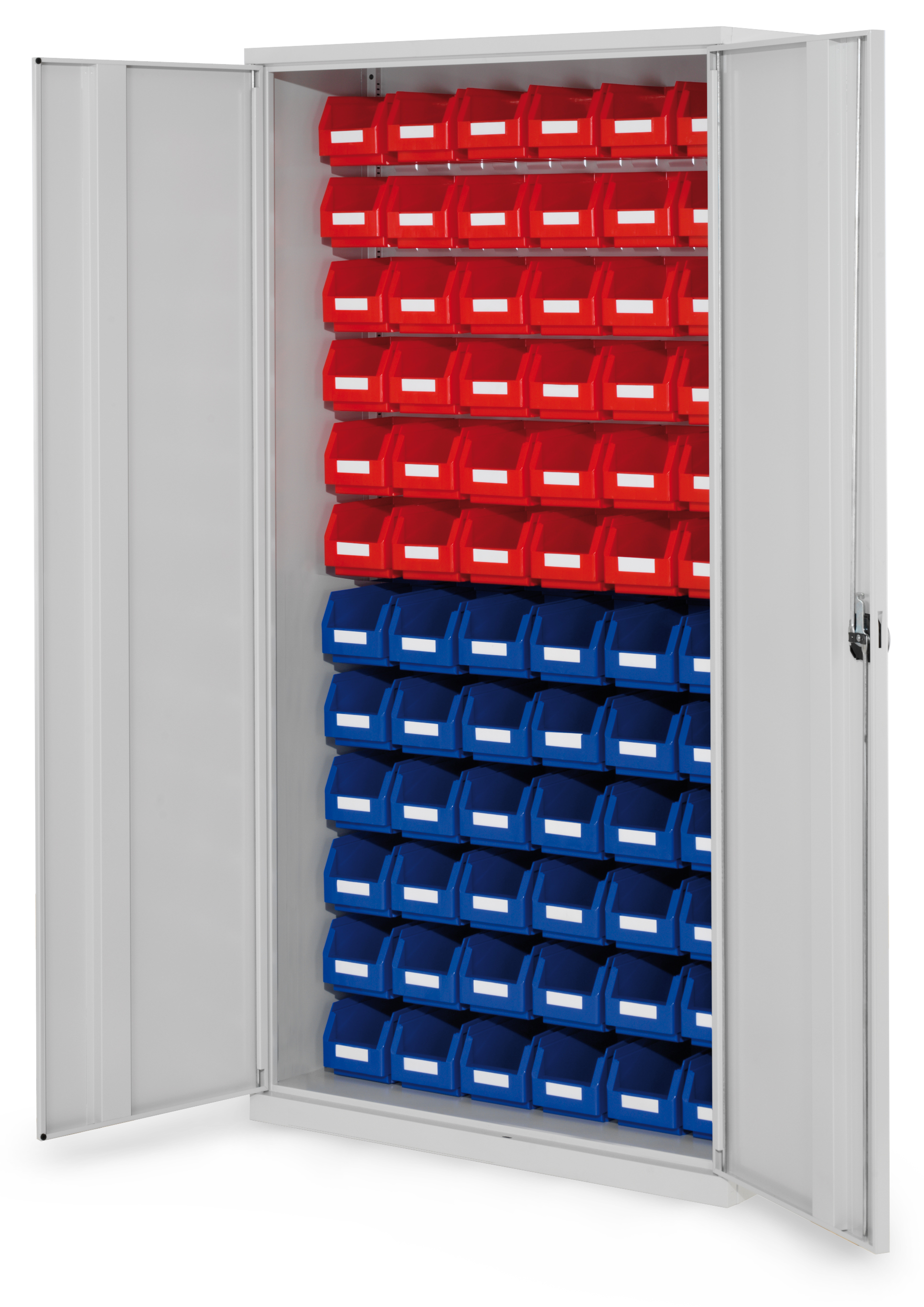 ®RasterPlan Schlitzplattenschrank H1950 x B 1000 x T 410 mm RAL 7035 Modell54 Vollblechtüren bestückt mit Lagersichtkasten 72 x Größe 6.