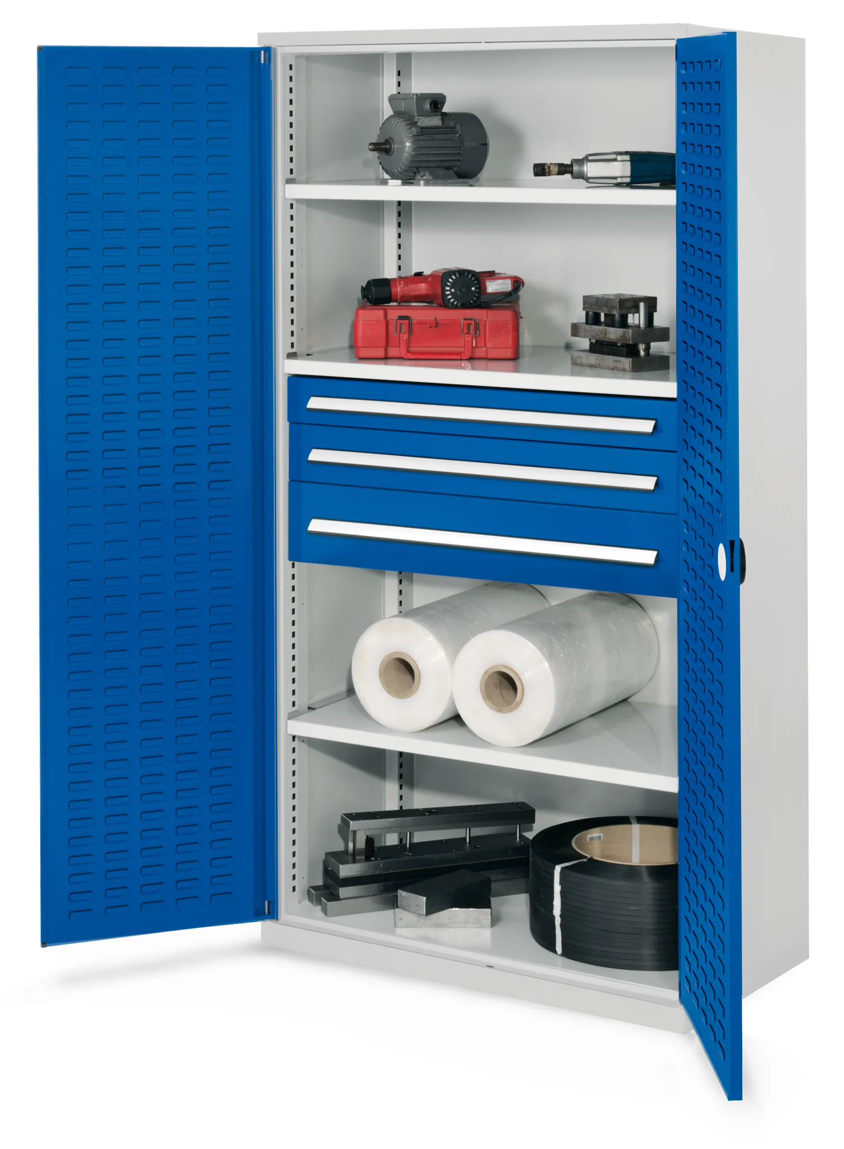 Schwerlastschrank von Kappes Systeme GmbH: Robuste Stahlkonstruktion, lichtgrau/blau, ohne Mitteltrennwand, mit Schubladen und Fachb?den, belastbar bis 1,65 t.