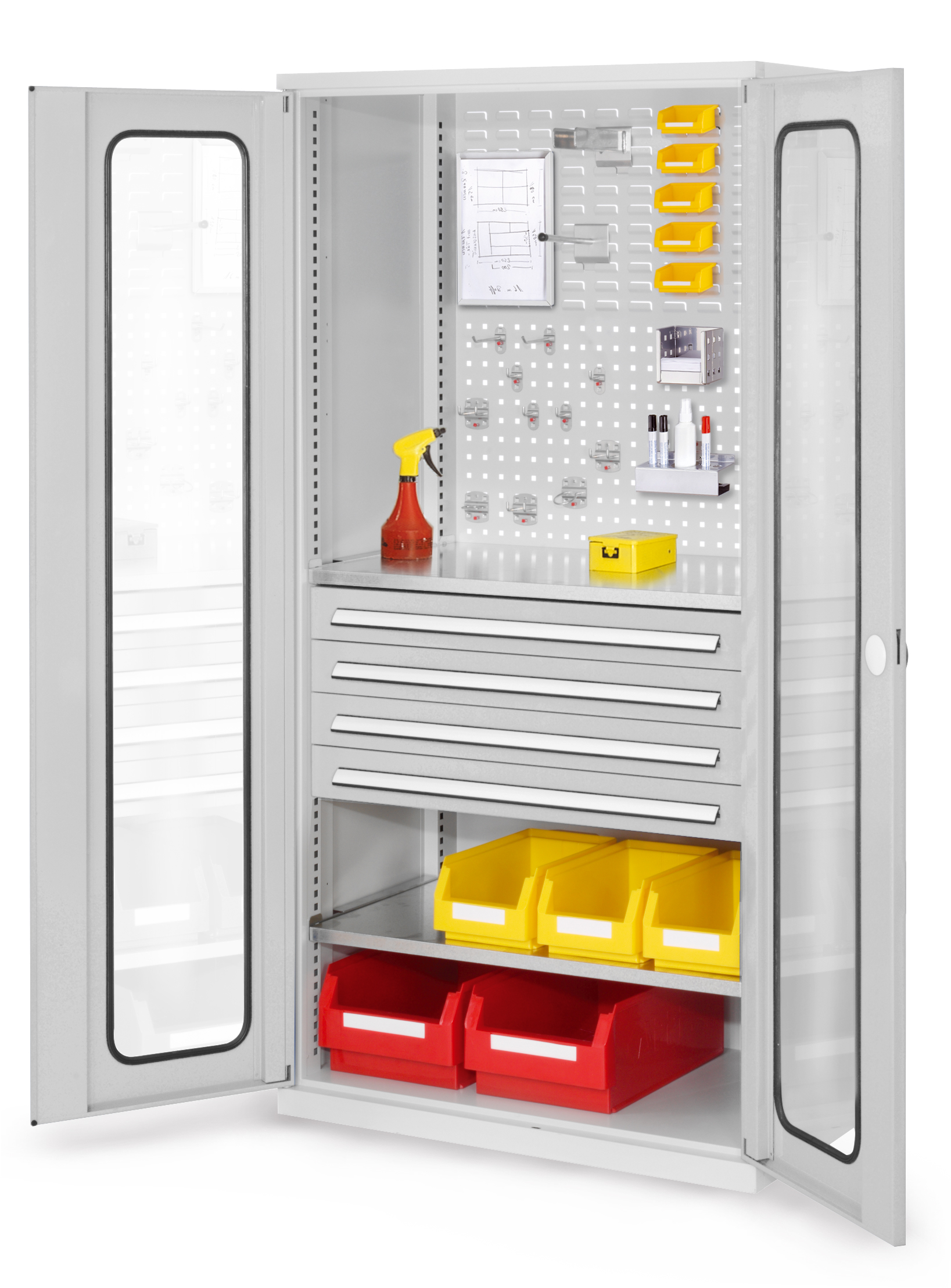 RasterPlan Schubladenschrank Modell 33 RAL 7035. Sichtfenster 1950 x 1000 x 600 mm 4 Schubladen H 100 mm 2 Fachböden verzinkt.