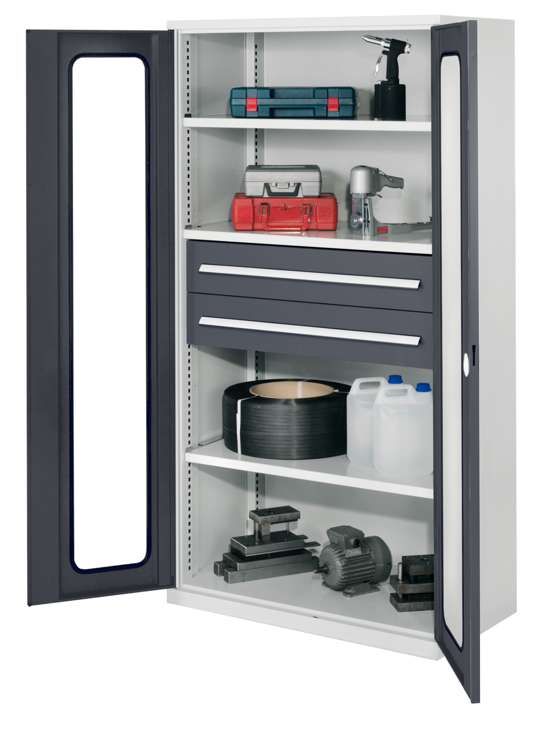 Schwerlastschrank von Kappes Systeme: Robuste Stahlkonstruktion, Sichtfenstertür, 3 Fachböden, 2 Schubladen. Belastbar bis 1,65 t, ideal für schwere Werkzeuge.
