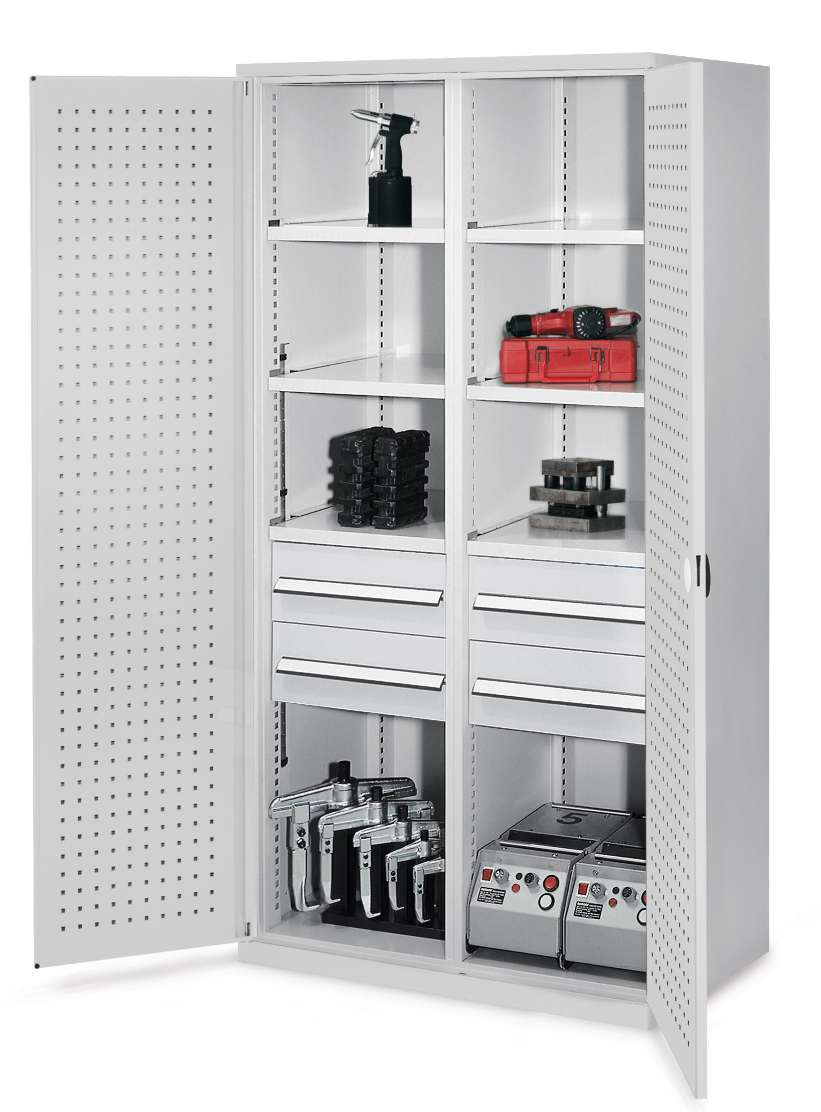 Schwerlastschrank mit Mitteltrennwand 1950 x 1000 x 600 mm Mod 52 RAL 7035. Türinnenseite: ®RasterPlan Lochplatten 4 Schubladen H 175 mm 3 Fachboden links verzinkt 3 Fachboden rechts verzinkt.