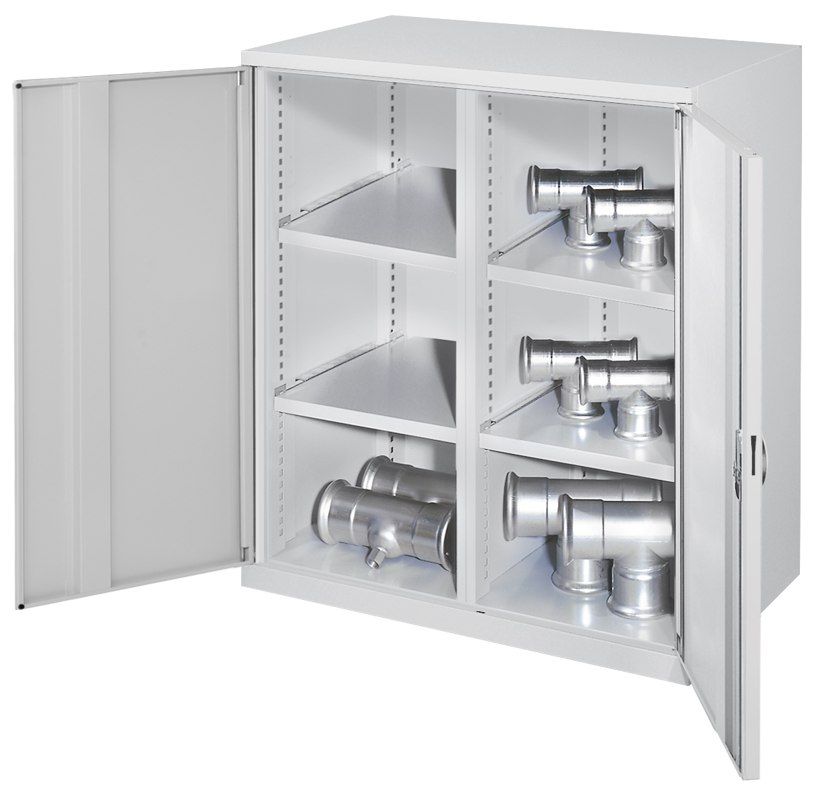 Der Schwerlast-Beistellschrank Modell 75 von Kappes Systeme bietet robuste Stahlkonstruktion, flexible Lagerung und hohe Sicherheit in elegantem Lichtgrau.