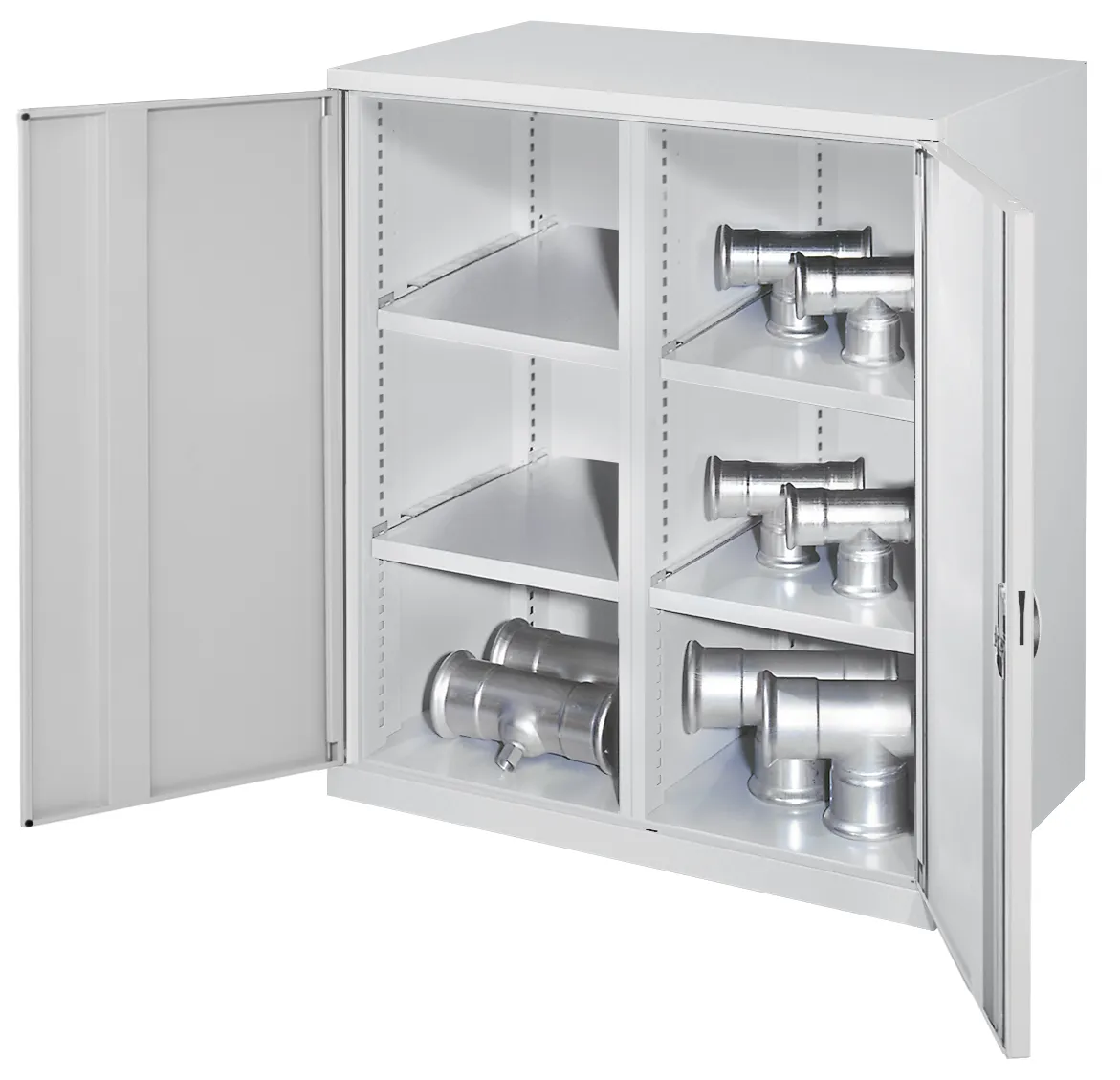 Der Schwerlast-Beistellschrank Modell 75 von Kappes Systeme bietet robuste Stahlkonstruktion, flexible Lagerung und hohe Sicherheit in elegantem Lichtgrau.