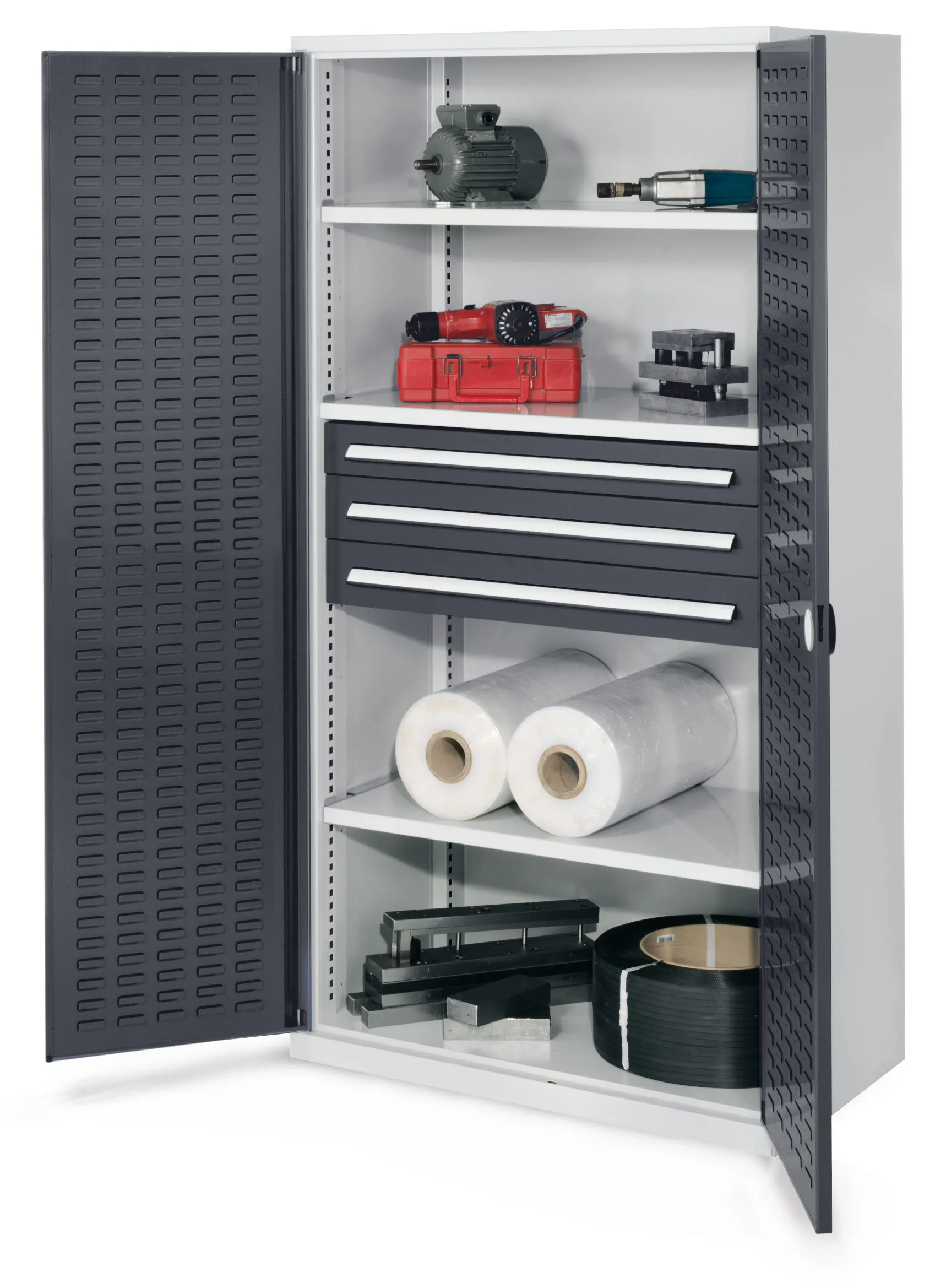 Produktbild des Schwerlastschranks Mod 43 von Kappes Systeme GmbH: Robuste Stahlkonstruktion, vielseitige Innenausstattung, belastbar bis 1,65 t, lichtgrau.