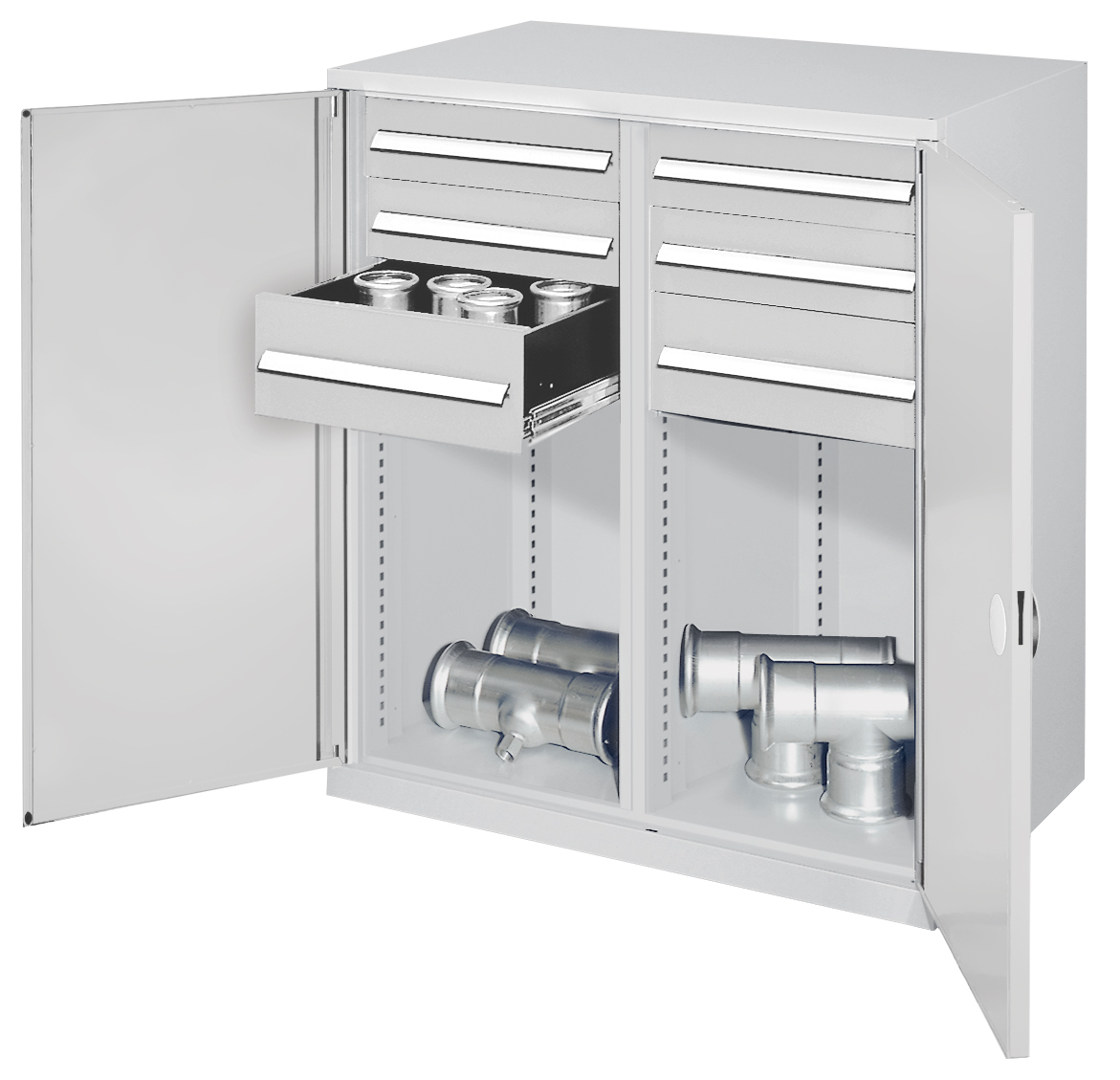 Produktbild des Schwerlast-Beistellschranks Modell 74 von Kappes Systeme GmbH: Robuste Stahlkonstruktion, lichtgrau, 1110x1000x600 mm, 1,65 Tonnen Belastung.