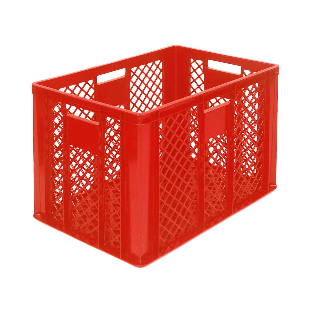 Entdecken Sie den robusten Transportkorb 600x400x410 mm in Rot – ideal für Brot- und Backwaren. Optimale Belüftung und stapelbar für effiziente Logistik.