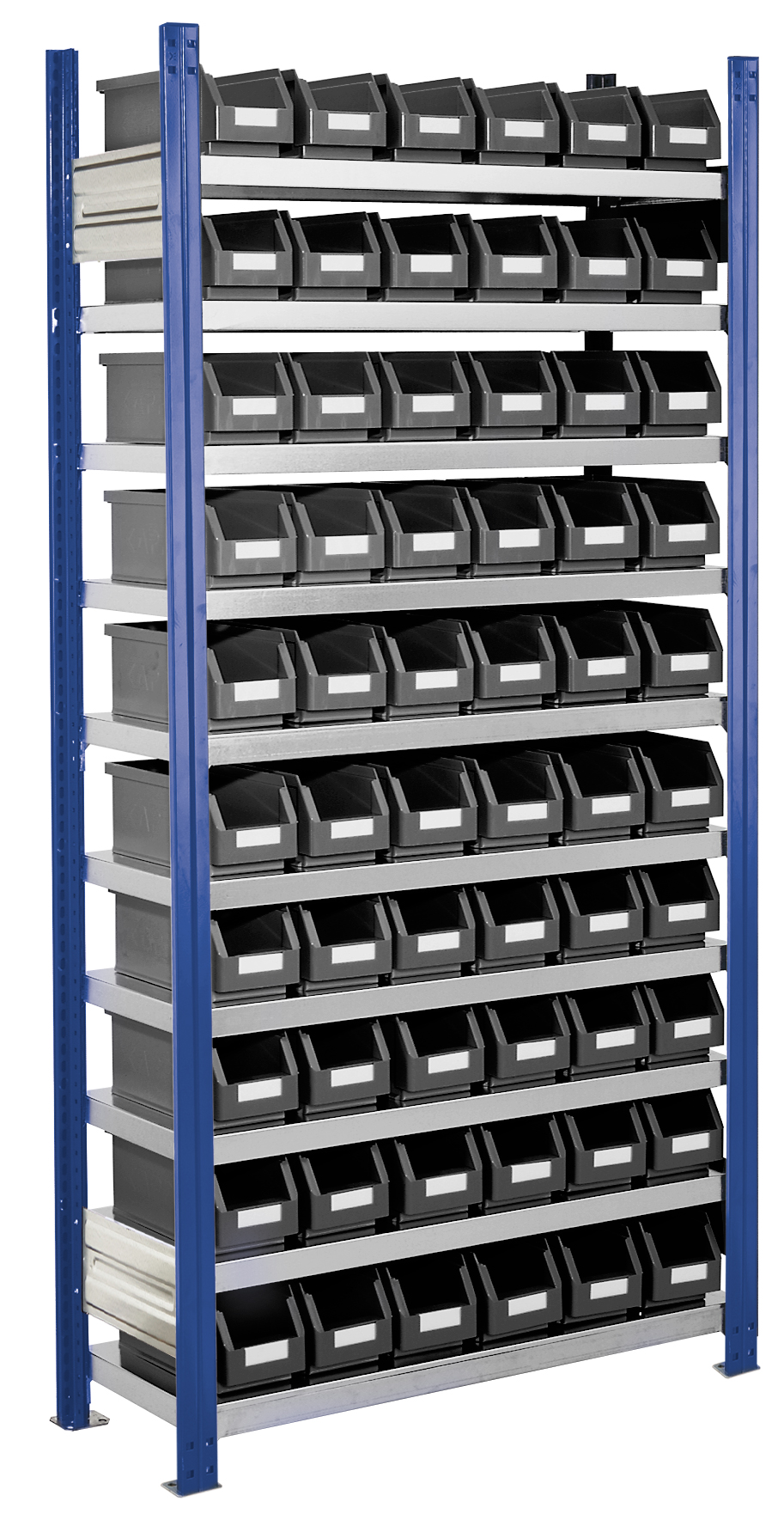 Das ®RasterPlan Steckregal Modell 11 von Kappes Systeme bietet robuste Lagerung mit 60 Sichtkästen, einfacher Montage und flexibler Anpassung für industrielle Umgebungen.