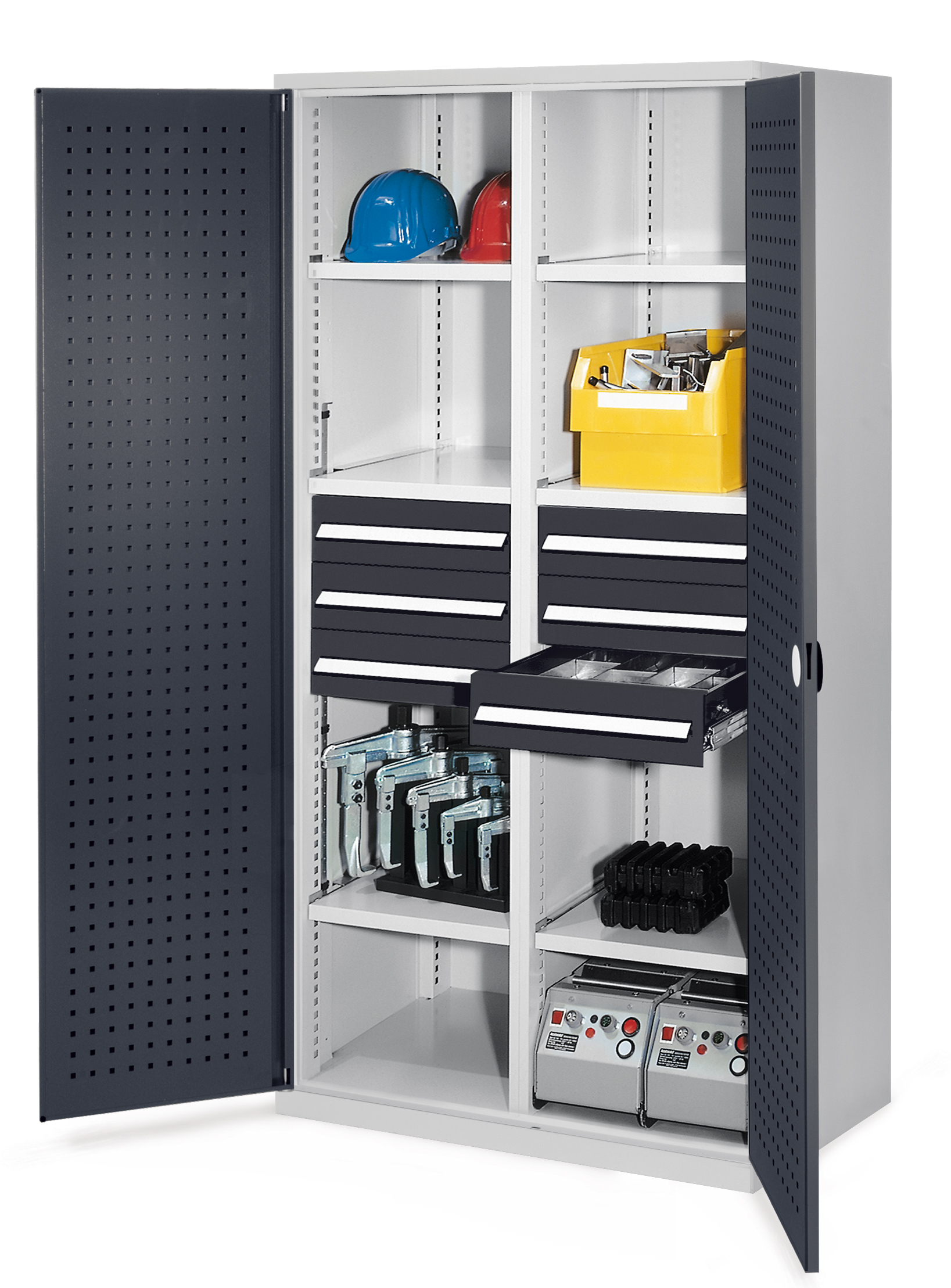 Schwerlastschrank von Kappes Systeme GmbH: Robuste Stahlkonstruktion mit Mitteltrennwand, 6 Schubladen, 6 Fachböden, 1,65 t Tragkraft, sicher und flexibel.