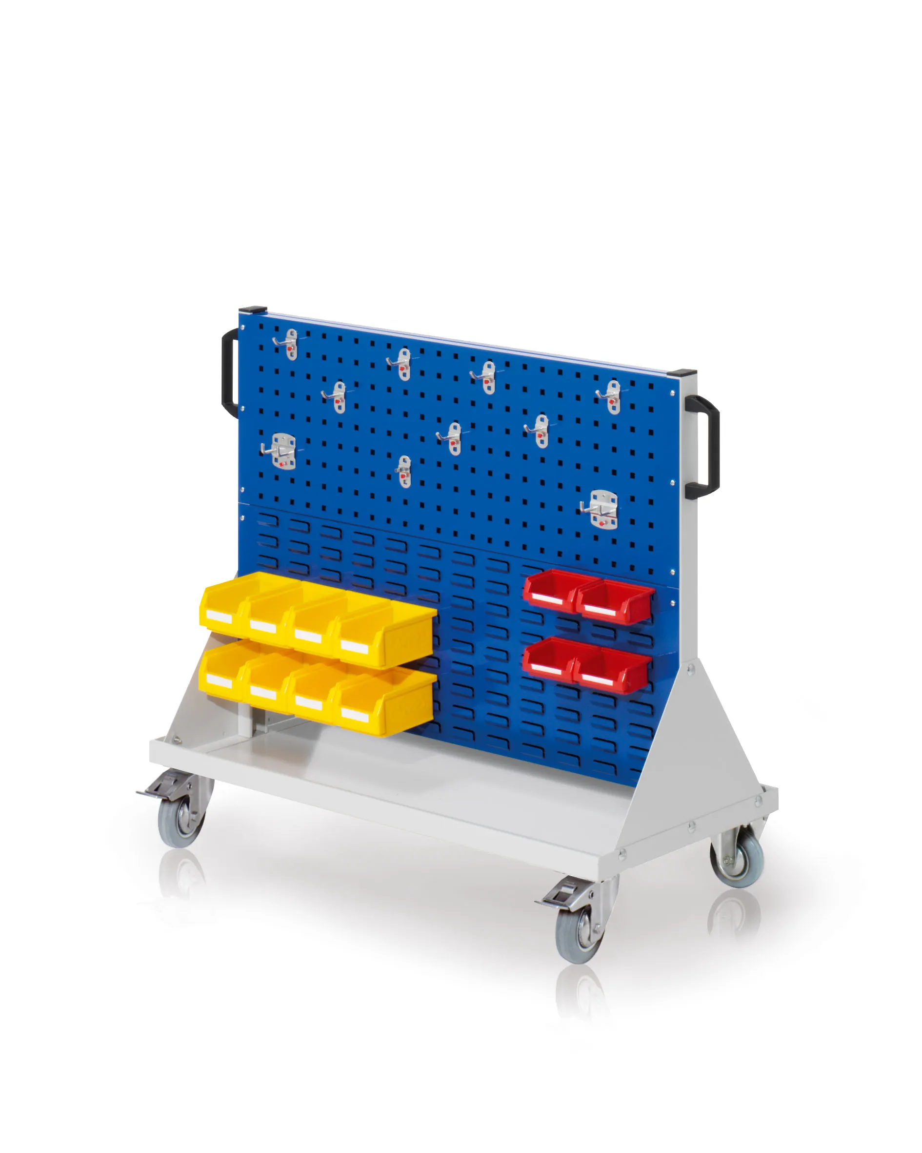 Das RasterMobil Gr. 2 von Kappes Systeme GmbH in RAL 7035/5010 ist ein mobiles, robustes Lager- und Organisationssystem mit vielseitigem Werkzeughalter-Set.