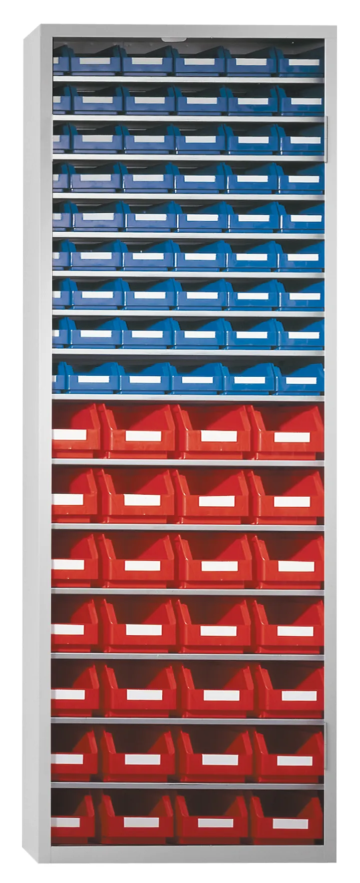 Ordnungsschrank Modell 31 von Kappes Systeme: Robuster, lichtgrauer Stahlschrank mit 82 Lagersichtkästen, verstellbaren Fachböden und Sicherheitsschloss für optimale Organisation.