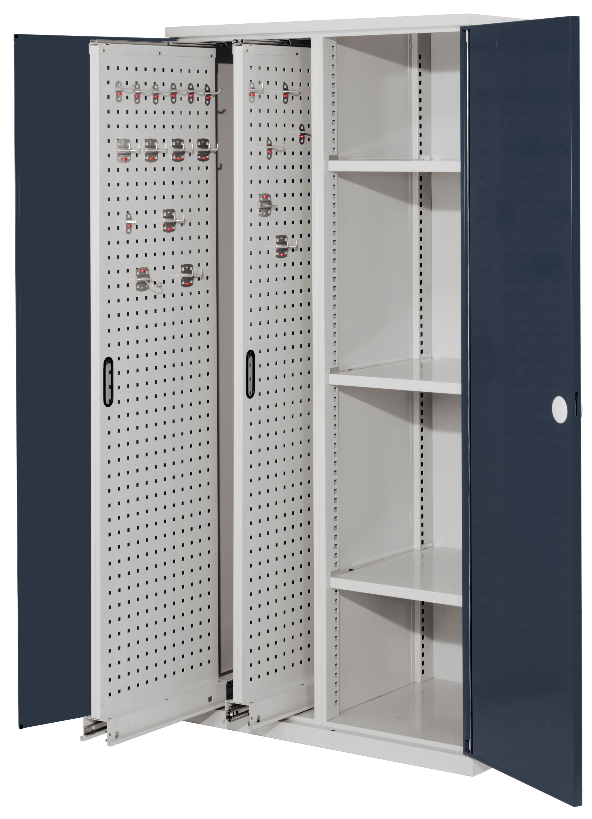 Der ®RasterPlan Vertikalschrank Modell 80 von Kappes Systeme bietet mit doppelwandigen Türen und verstellbaren Böden eine effiziente und sichere Werkzeuglagerung.