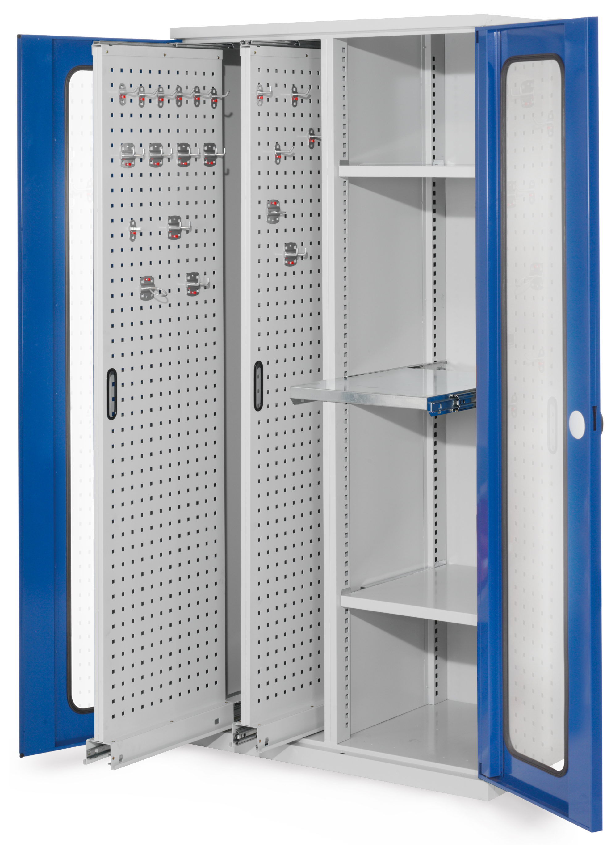 Der RasterPlan Vertikalschrank Modell 84 von Kappes Systeme bietet effiziente Werkzeuglagerung mit robustem Design, Sichtfenstertür und flexiblen Auszügen.