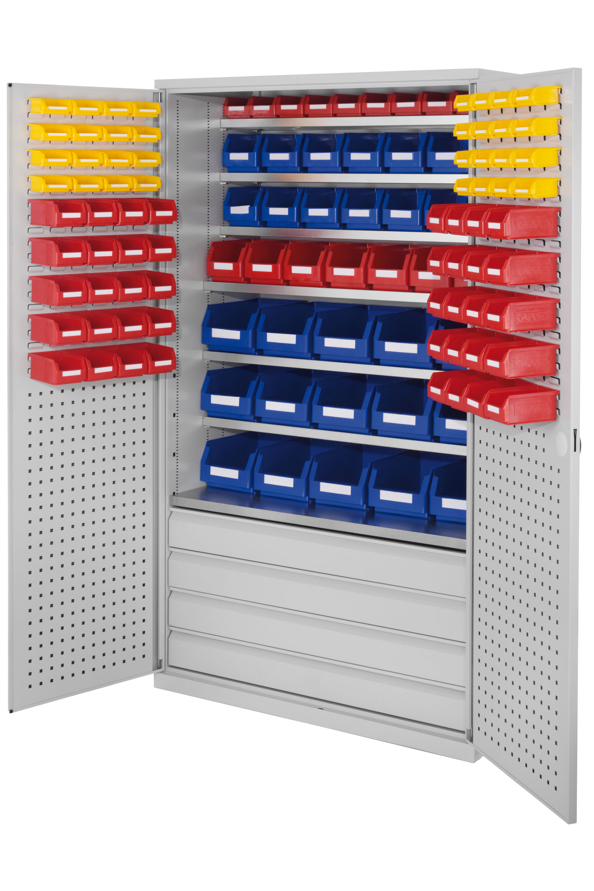 Gro?raumschrank Modell 25 von Kappes Systeme: Robuste Stahlkonstruktion, flexible Schubladen, RAL 7035, mit RasterPlan Loch-/Schlitzplatten f?r optimale Organisation.