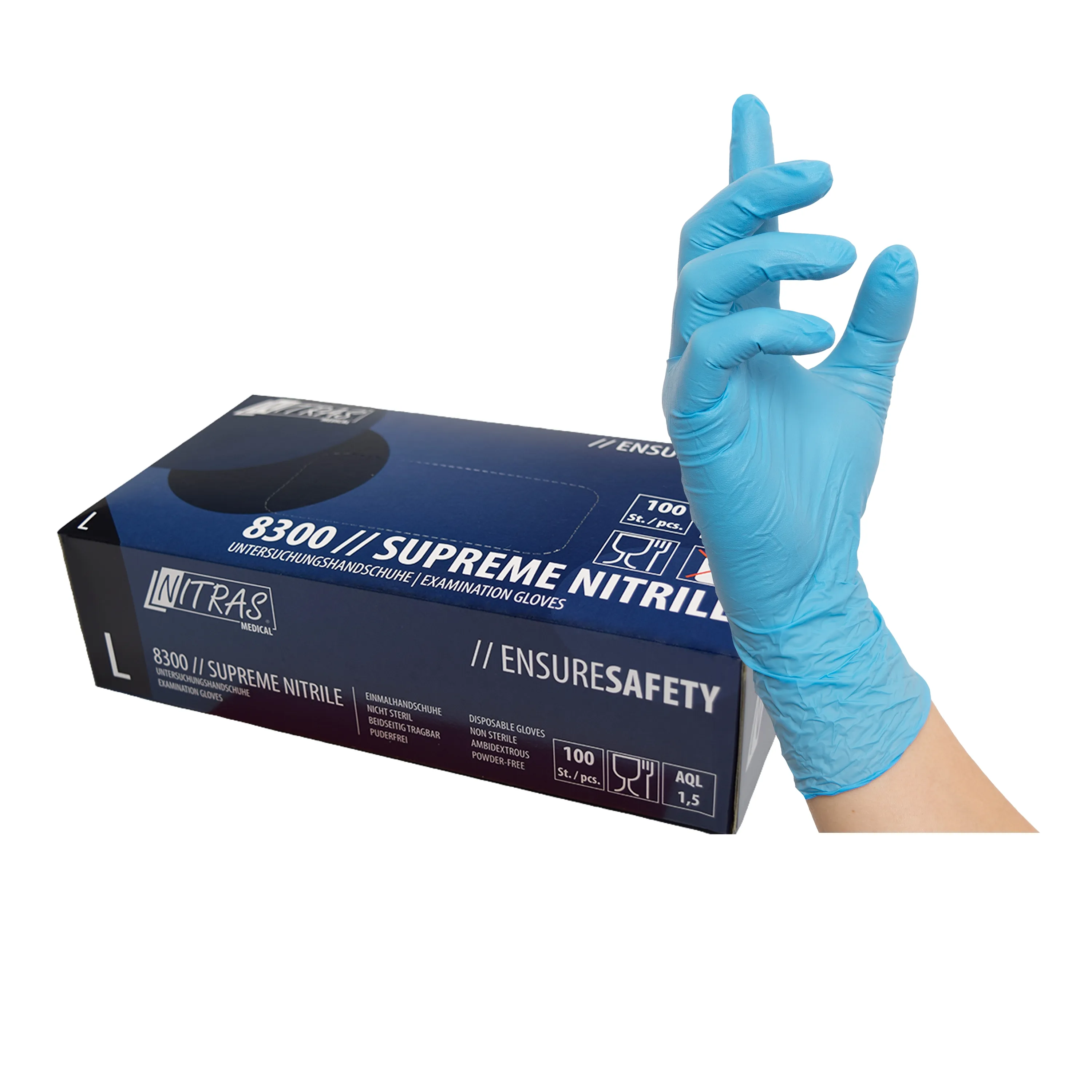 Blaue NITRAS SUPREME NITRILE Einmalhandschuhe, puderfrei, unsteril, beidseitig tragbar, bieten Schutz gegen Viren und sind ideal f?r Lebensmittelkontakt.
