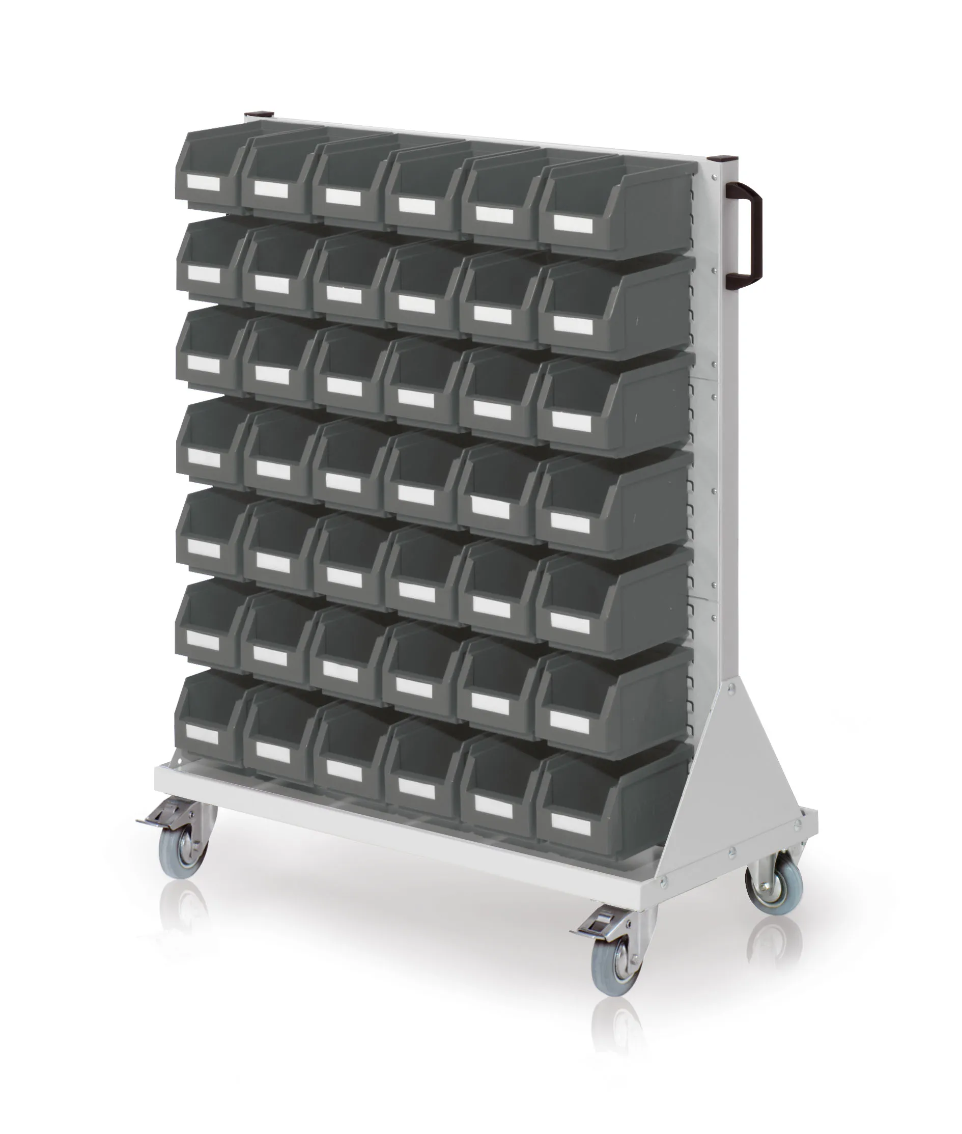 Der RasterMobil Rollwagen Gr. 3 Modell E78 von Kappes Systeme bietet mit 42 Lagersichtkästen und ergonomischem Design eine flexible und sichere Lagerlösung.