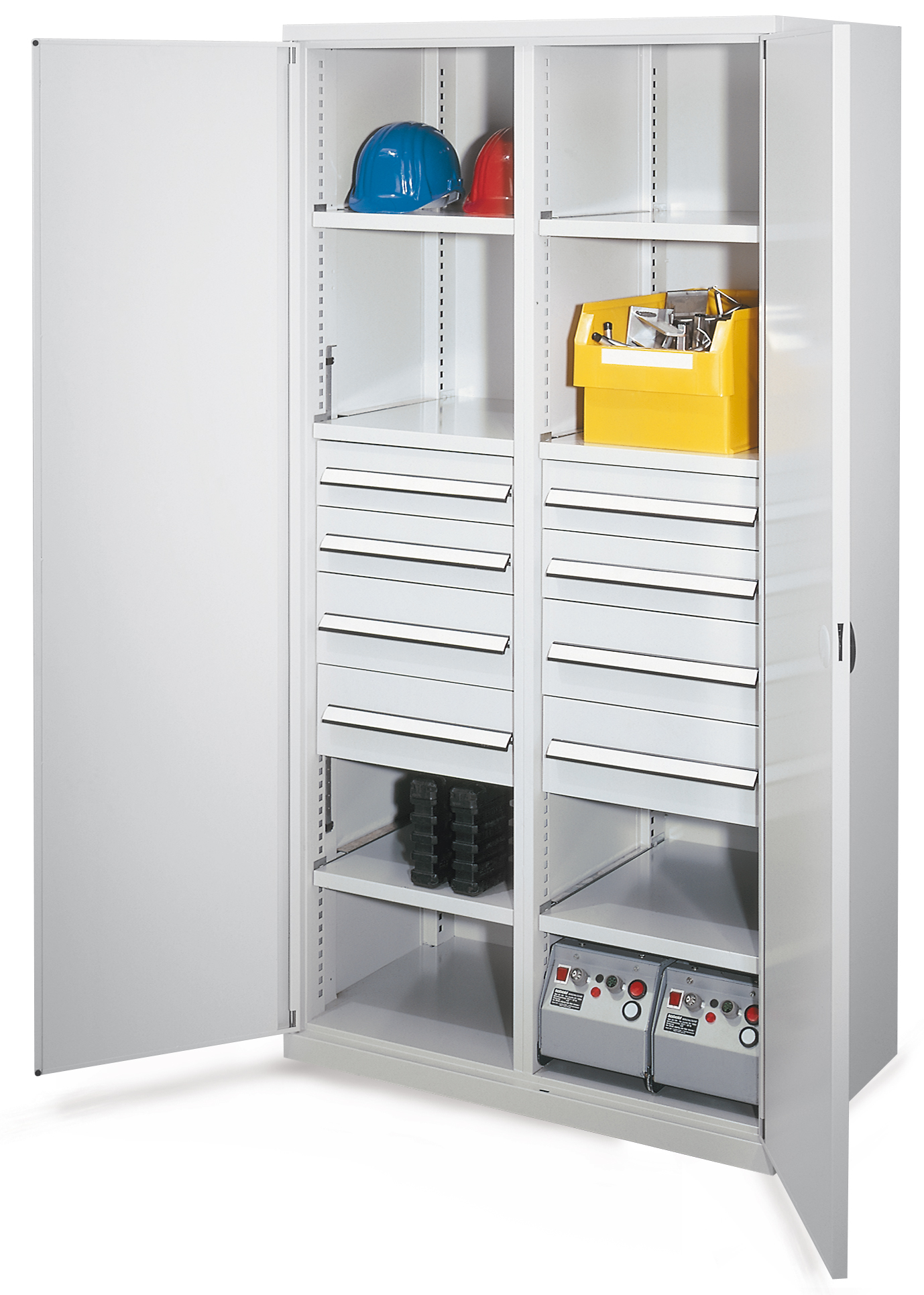 Schwerlastschrank mit Mitteltrennwand 1950 x 1000 x 600 mm Mod 54 RAL 7035. Doppelwandtür 4 Schubladen H 100 mm 4 Schubladen H 175 mm 3 Fachboden links verzinkt 3 Fachboden rechts verzinkt.