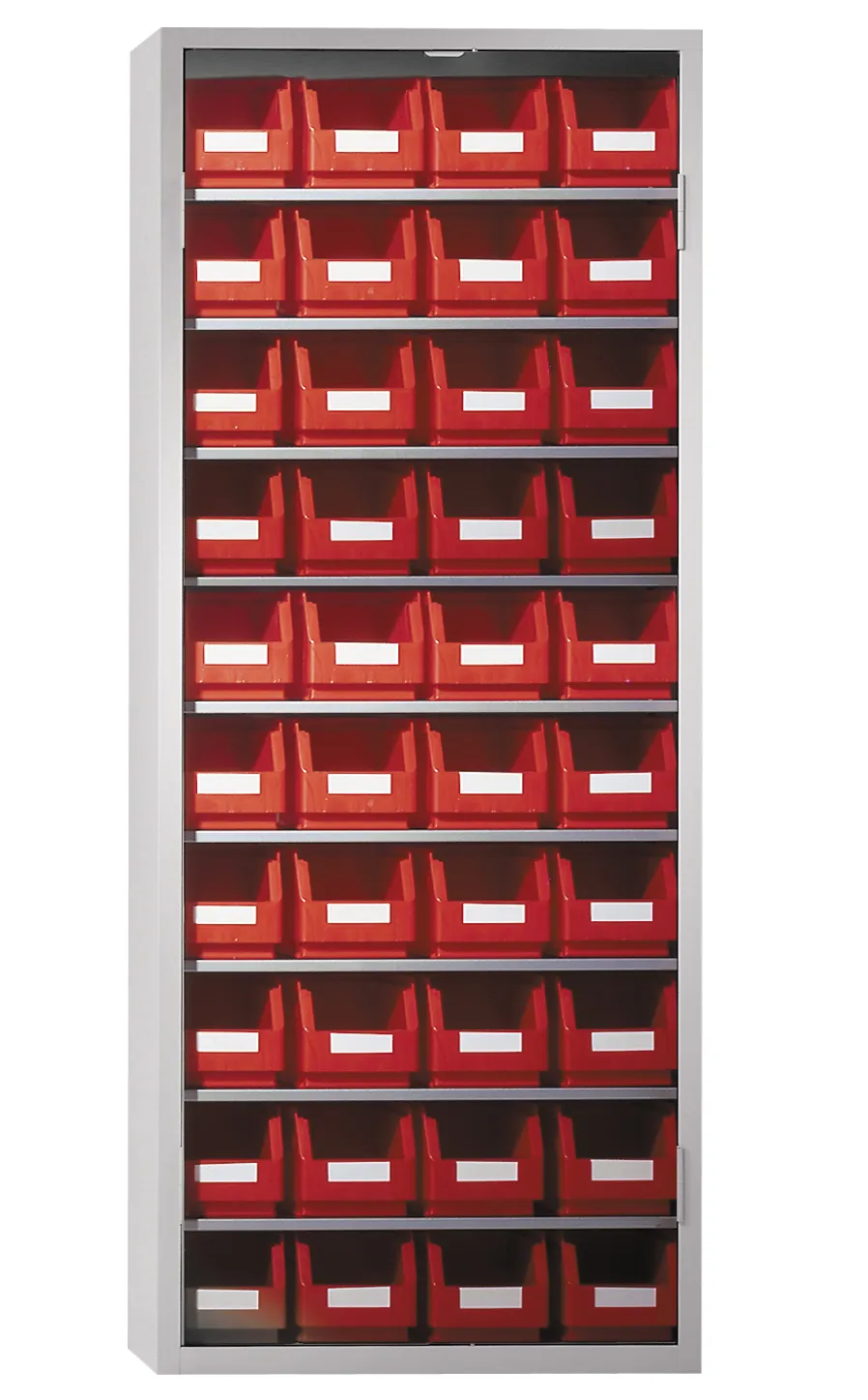 Ordnungsschrank ohne Türen von Kappes Systeme GmbH: Robuste Stahlkonstruktion, lichtgrau beschichtet, mit 40 Lagersichtkästen für flexible und sichere Aufbewahrung.